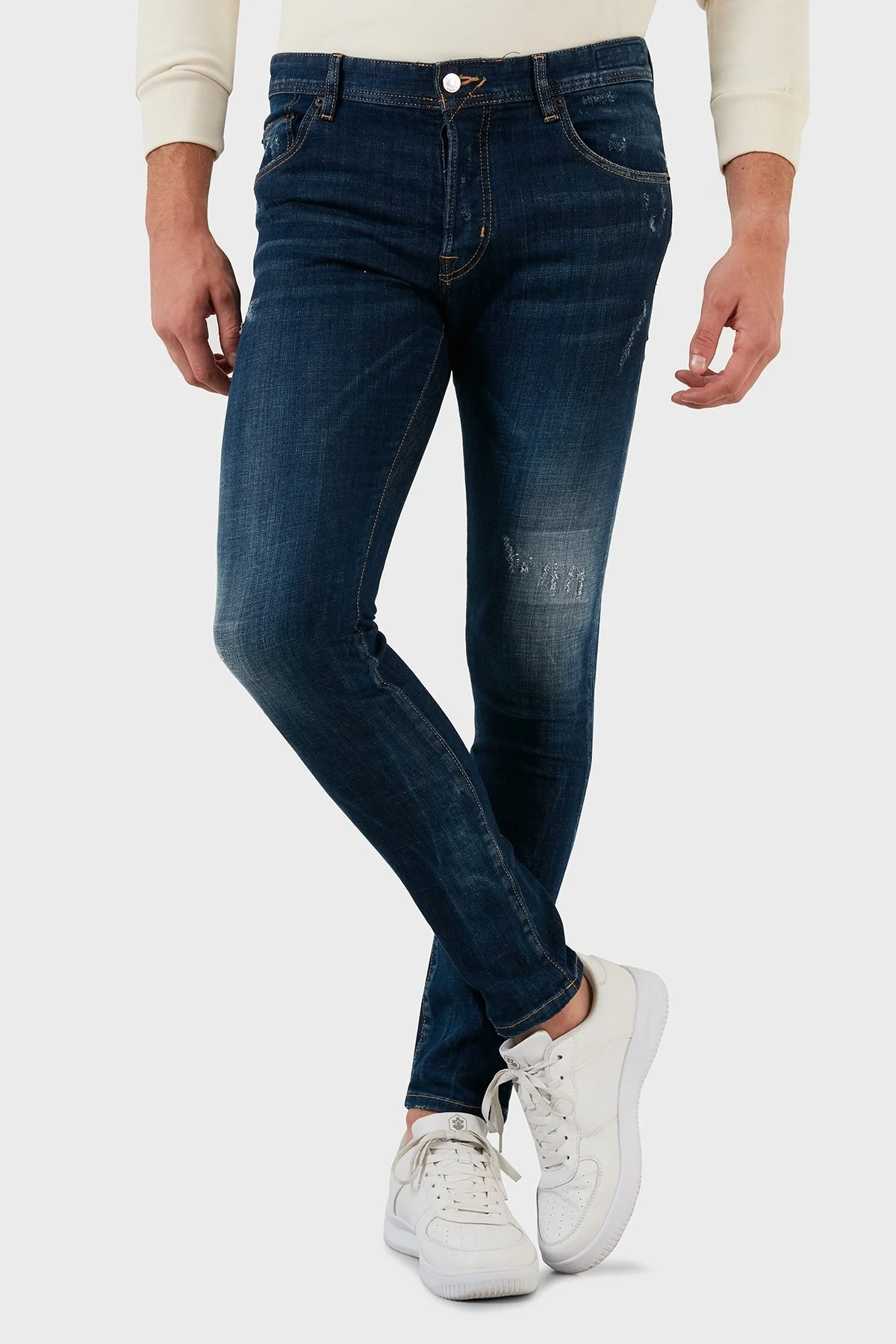 Exxe Pamuklu Yırtık Detaylı Normal Bel Skinny Fit Jeans Erkek Kot Pantolon 629DSK003 MAVİ - 4