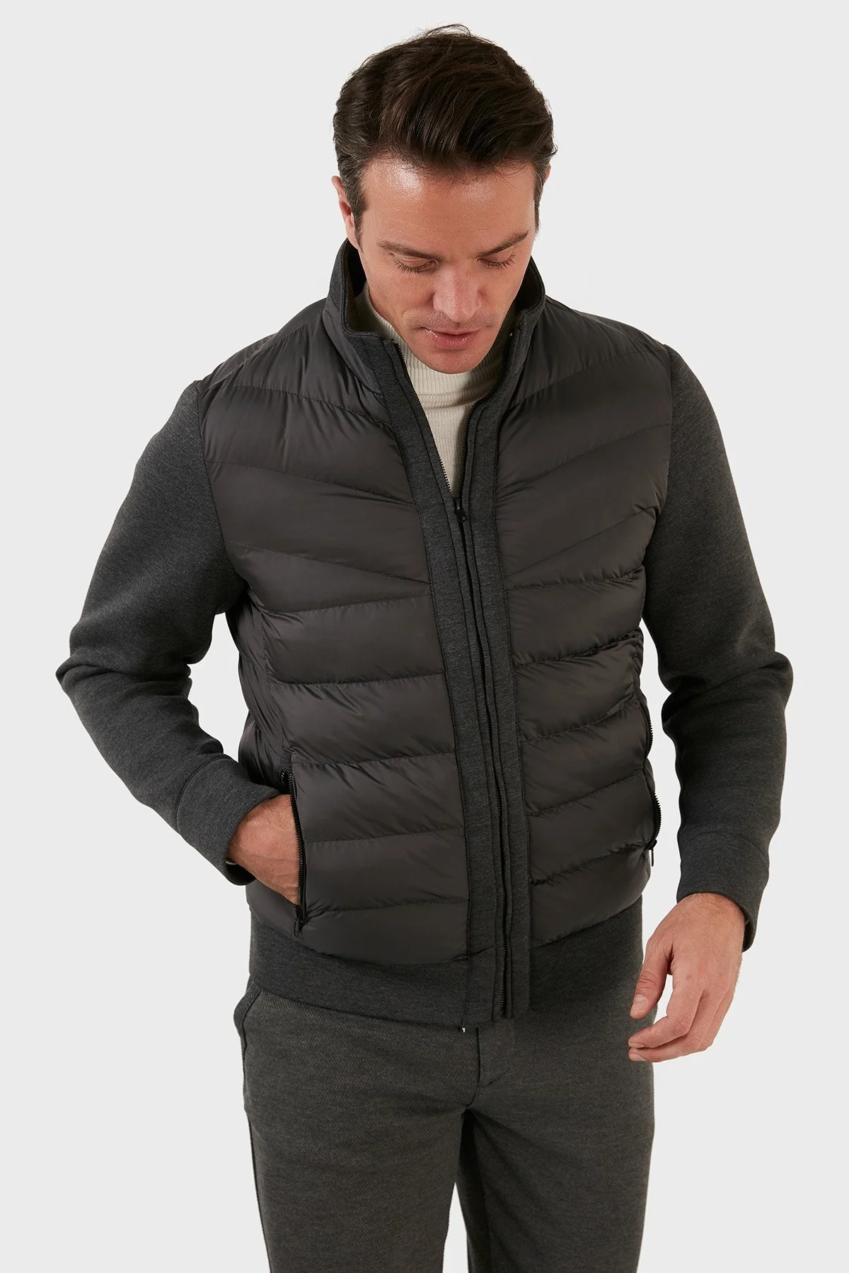 Exxe Slim Fit Fermuarlı Dik Yaka Erkek Mont EXK225316 GRİ - 3