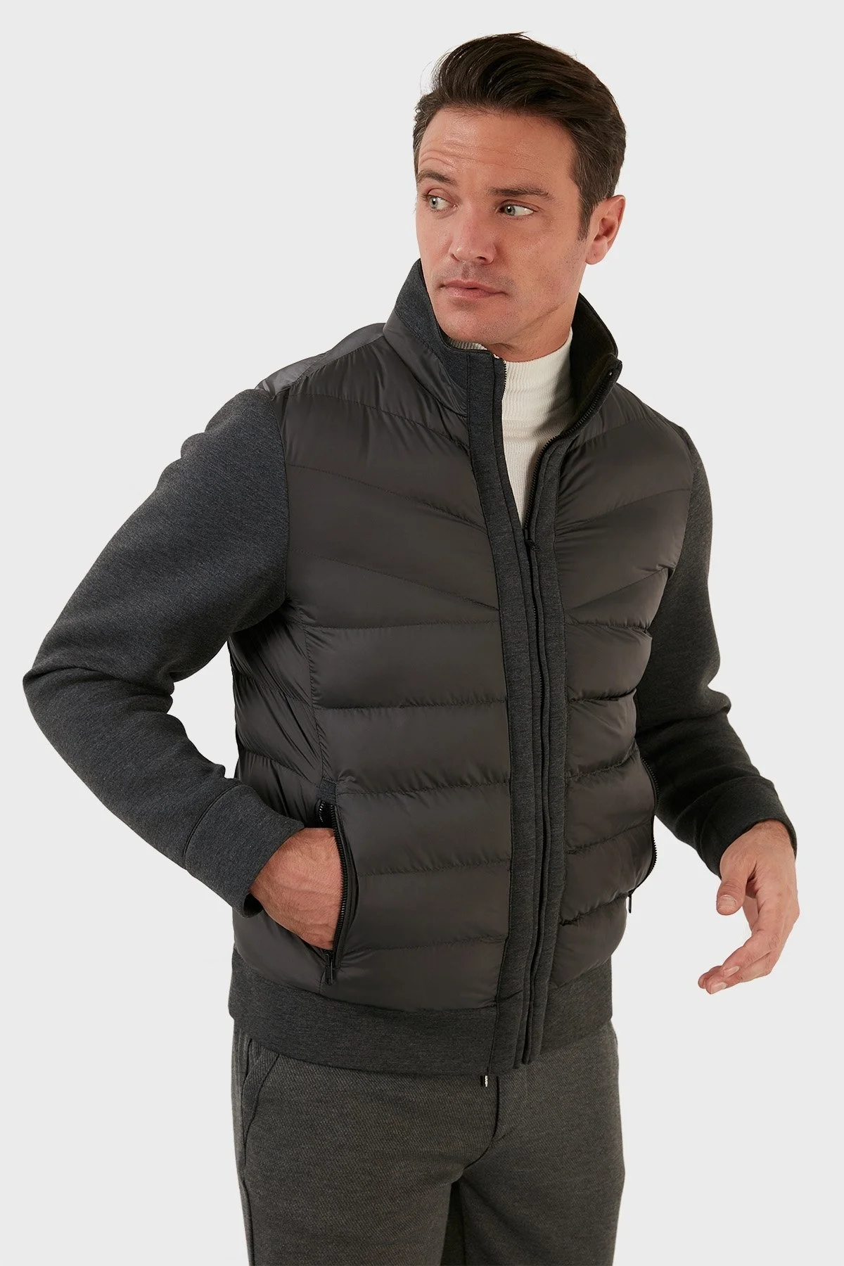 Exxe Slim Fit Fermuarlı Dik Yaka Erkek Mont EXK225316 GRİ - 4