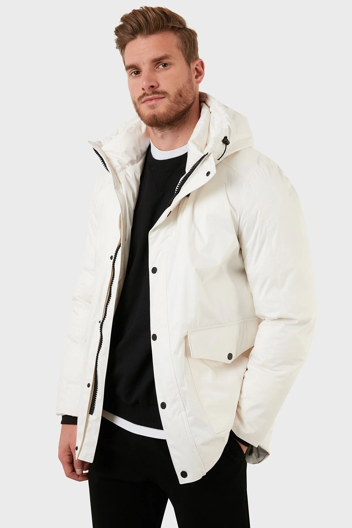 Exxe Su Geçirmez Fermuarlı Kapüşonlu Erkek Kaban EXK225508 BEYAZ - 3