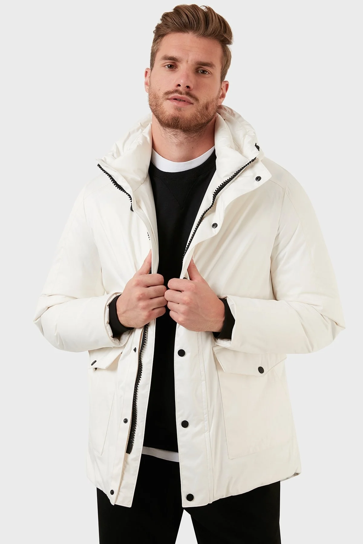 Exxe Su Geçirmez Fermuarlı Kapüşonlu Erkek Kaban EXK225508 BEYAZ - 4