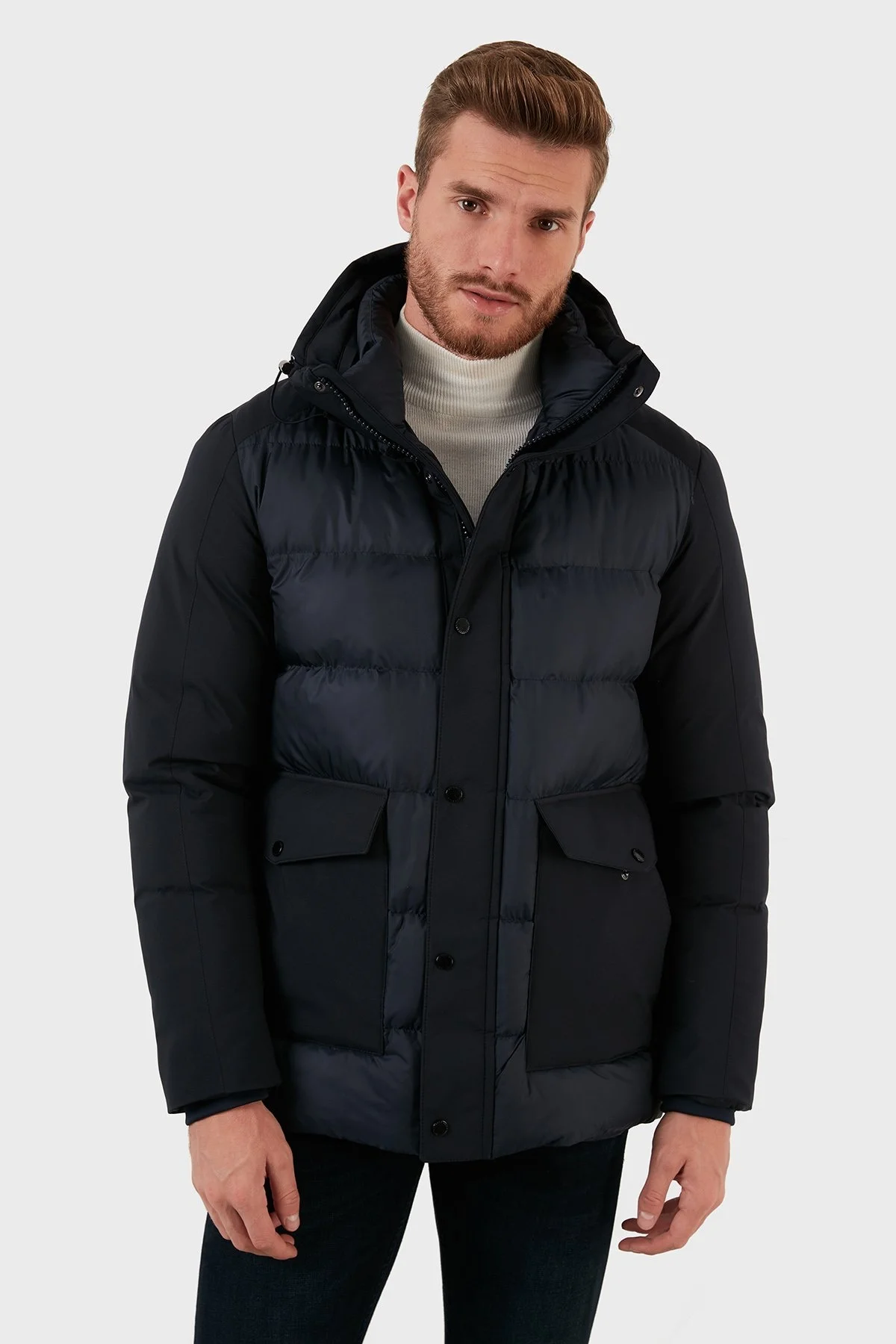 Exxe Su Geçirmez Fermuarlı Kapüşonlu Erkek Kaban EXK225510 LACİVERT - 1