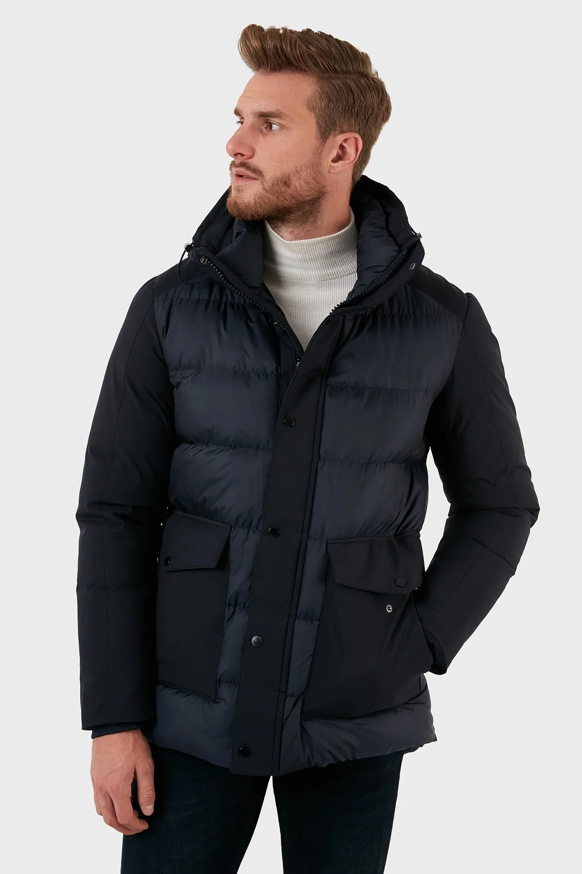 Exxe Su Geçirmez Fermuarlı Kapüşonlu Erkek Kaban EXK225510 LACİVERT - 2