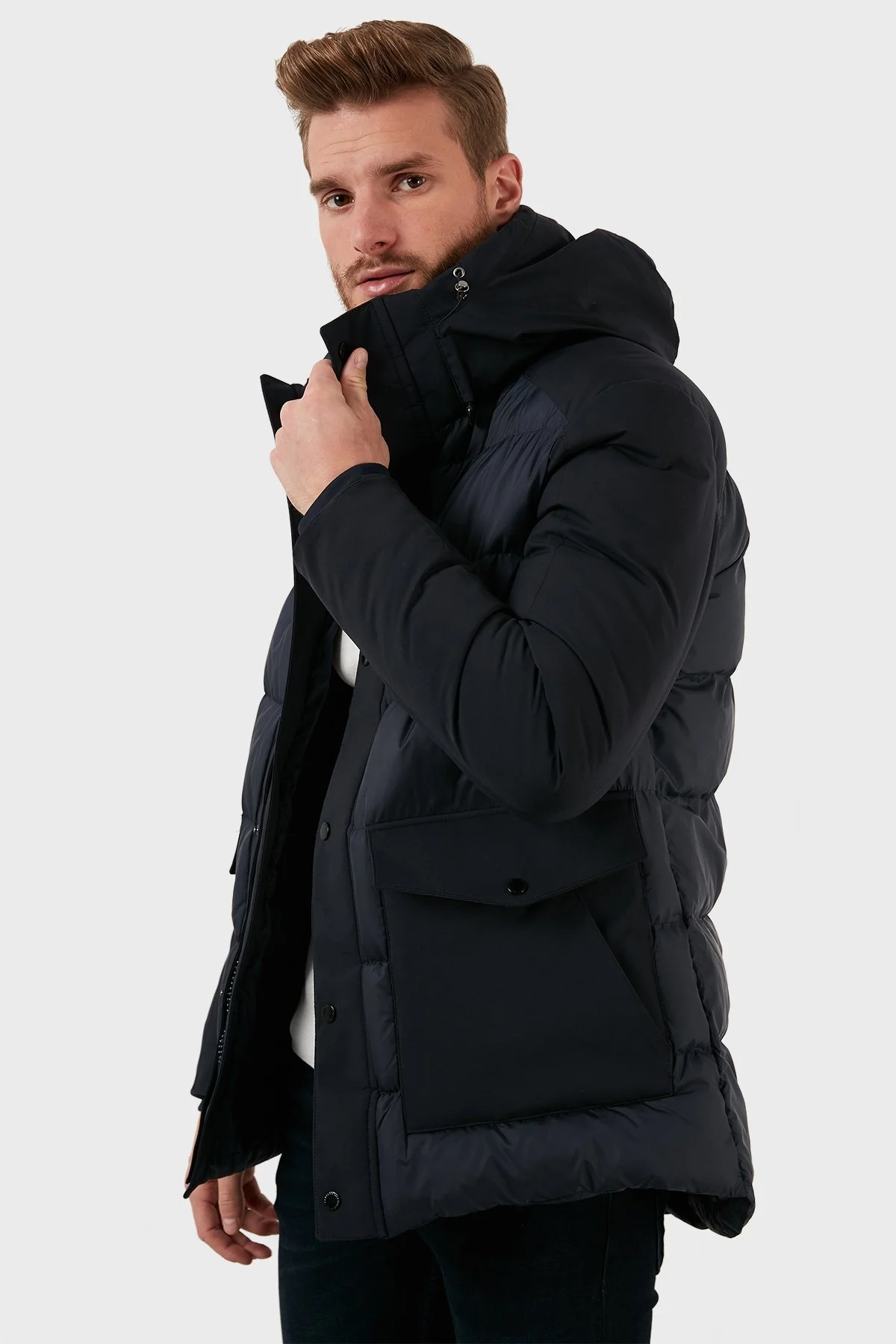 Exxe Su Geçirmez Fermuarlı Kapüşonlu Erkek Kaban EXK225510 LACİVERT - 3