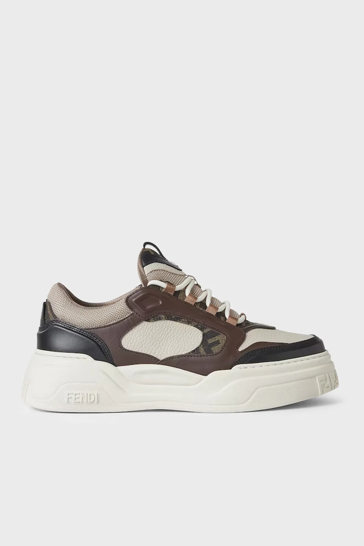 Fendi Logolu Deri Sneaker Erkek Ayakkabı 7E1728 AU20 F1T29 Kahve-Kırık Beyaz - 1