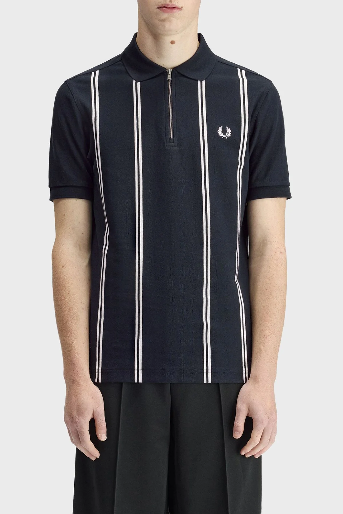 Fred Perry % 100 Pamuk Çizgili Regular Fit Yarım Fermuarlı Erkek Polo M2419 608 LACİVERT - 1