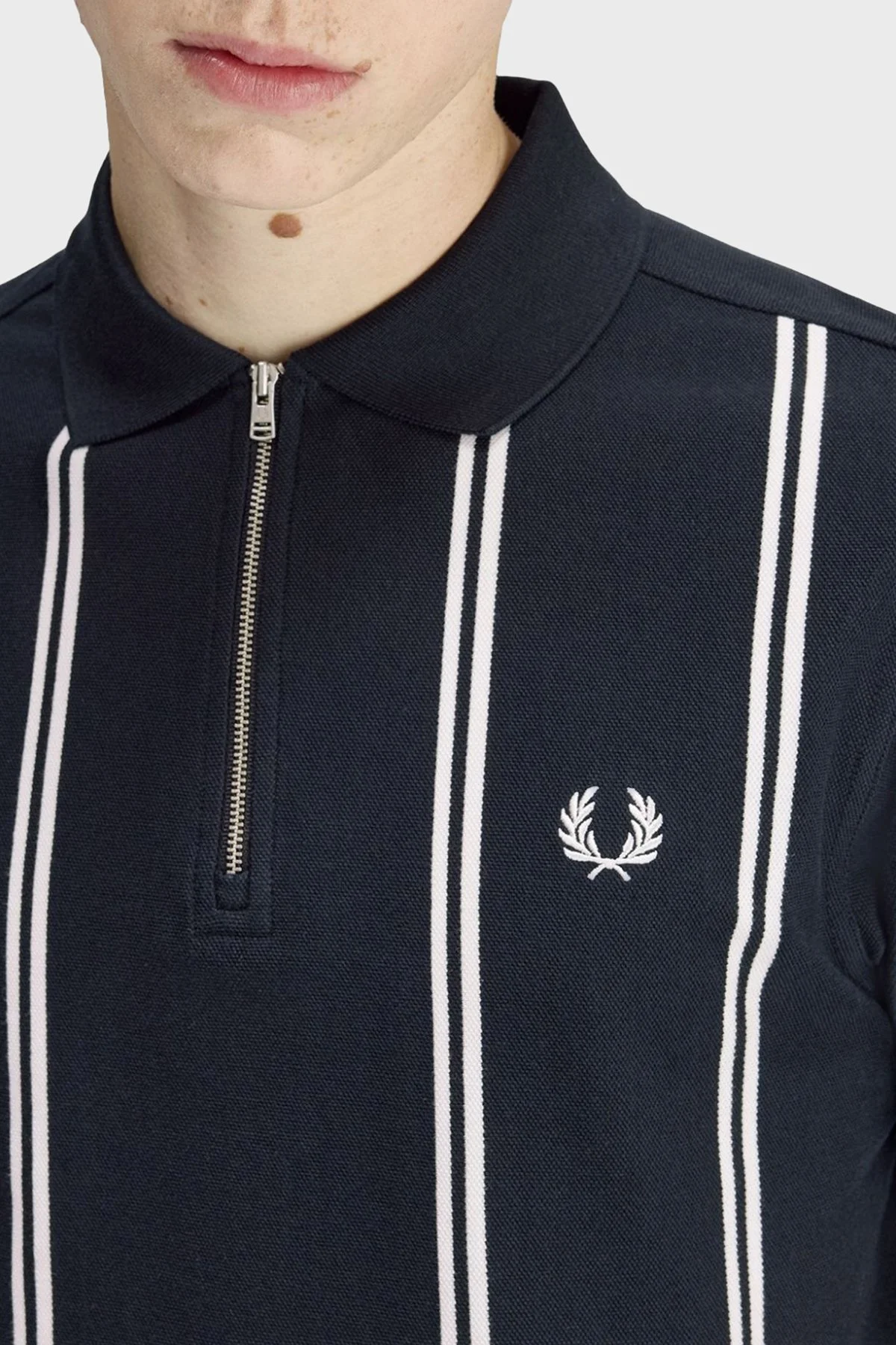 Fred Perry % 100 Pamuk Çizgili Regular Fit Yarım Fermuarlı Erkek Polo M2419 608 LACİVERT - 4