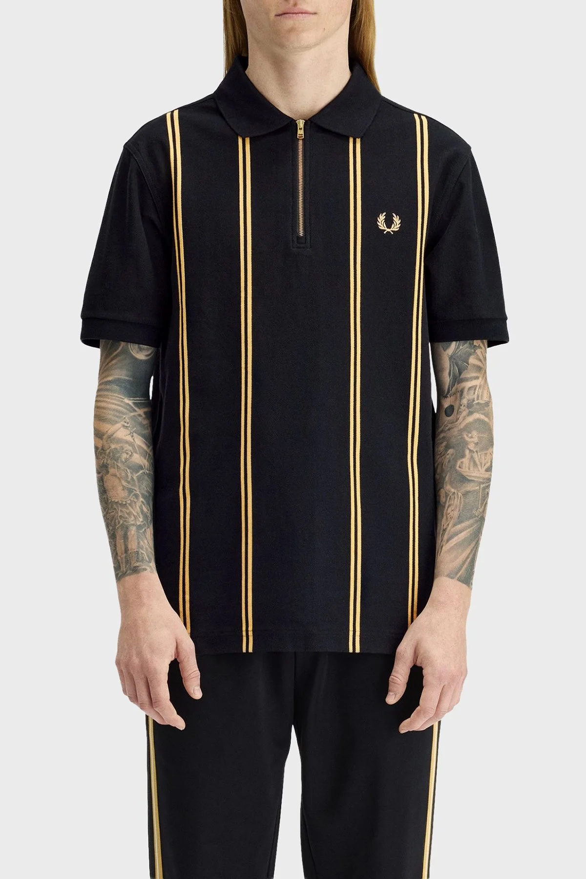 Fred Perry % 100 Pamuk Çizgili Regular Fit Yarım Fermuarlı Erkek Polo M2419 90A SİYAH - 1