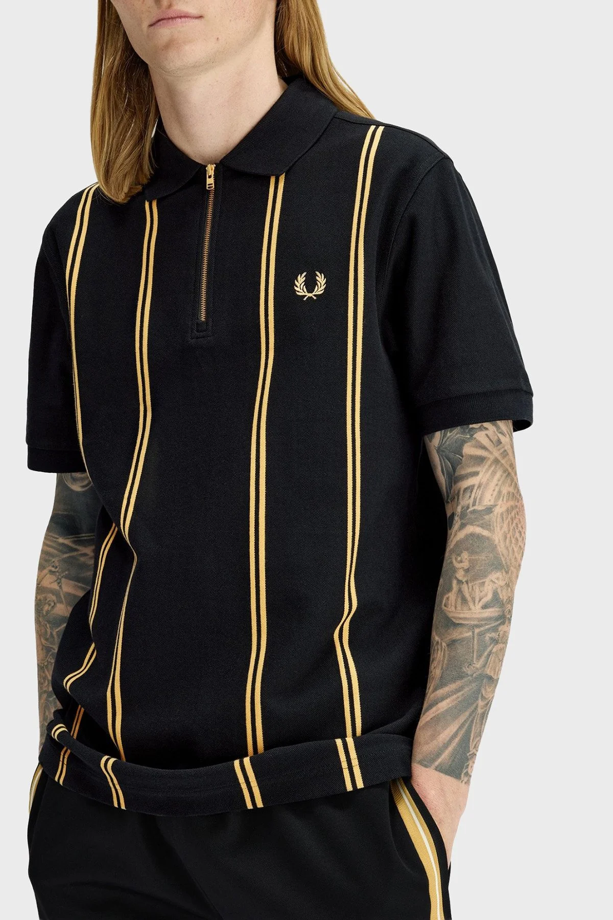 Fred Perry % 100 Pamuk Çizgili Regular Fit Yarım Fermuarlı Erkek Polo M2419 90A SİYAH - 3