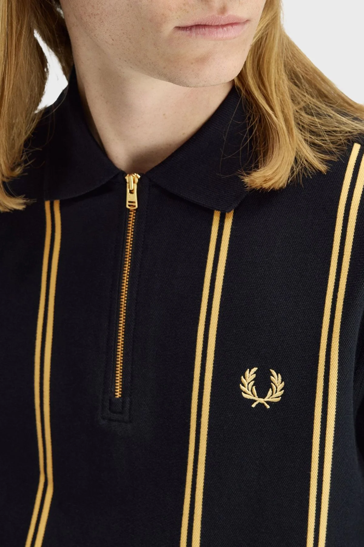 Fred Perry % 100 Pamuk Çizgili Regular Fit Yarım Fermuarlı Erkek Polo M2419 90A SİYAH - 4