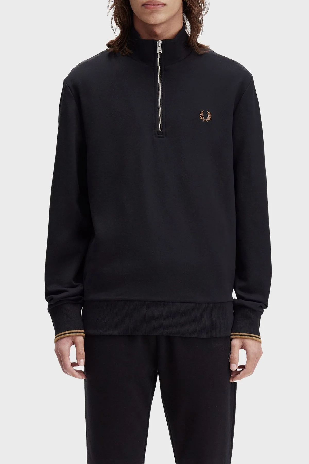 Fred Perry % 100 Pamuk Regular Fit Yarım Fermuarlı Dik Yaka Erkek Sweat M3574 S77 SİYAH - 1