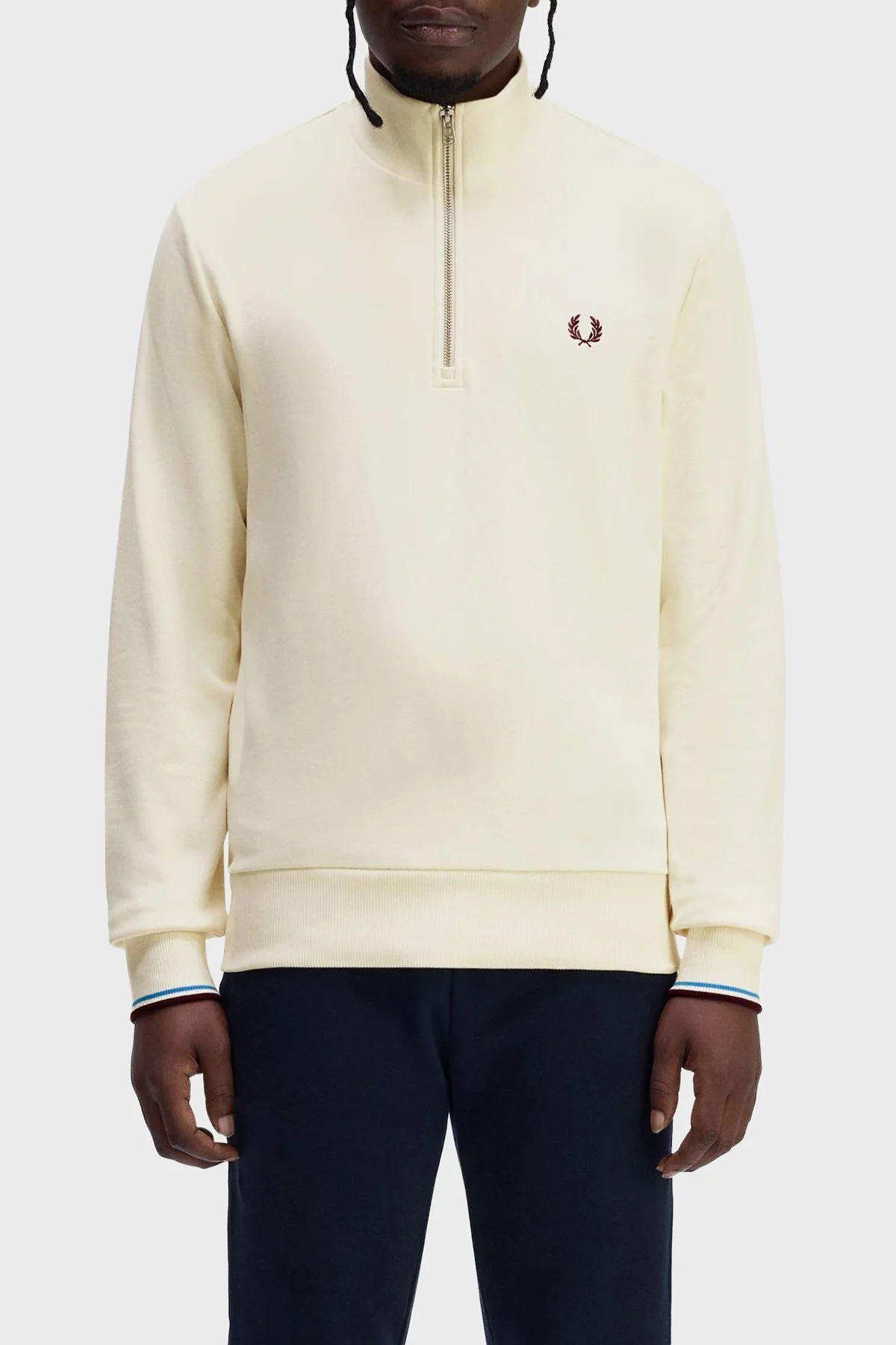 Fred Perry % 100 Pamuk Regular Fit Yarım Fermuarlı Dik Yaka Erkek Sweat M3574 Z46 BEJ - 1