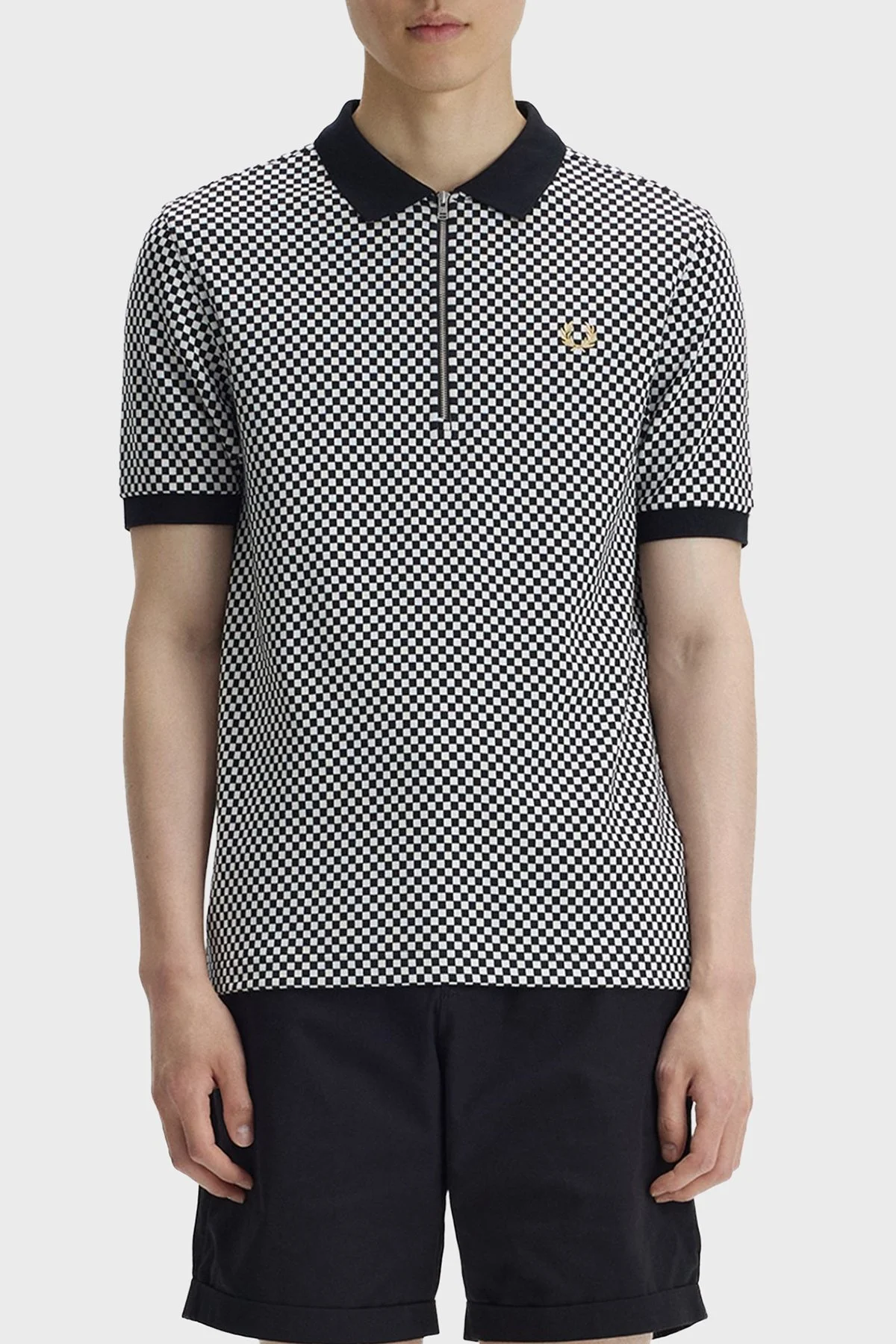 Fred Perry Dama Desenli % 100 Pamuk Regular Fit Yarım Fermuarlı Erkek Polo M2399 102 SİYAH-BEYAZ - 2