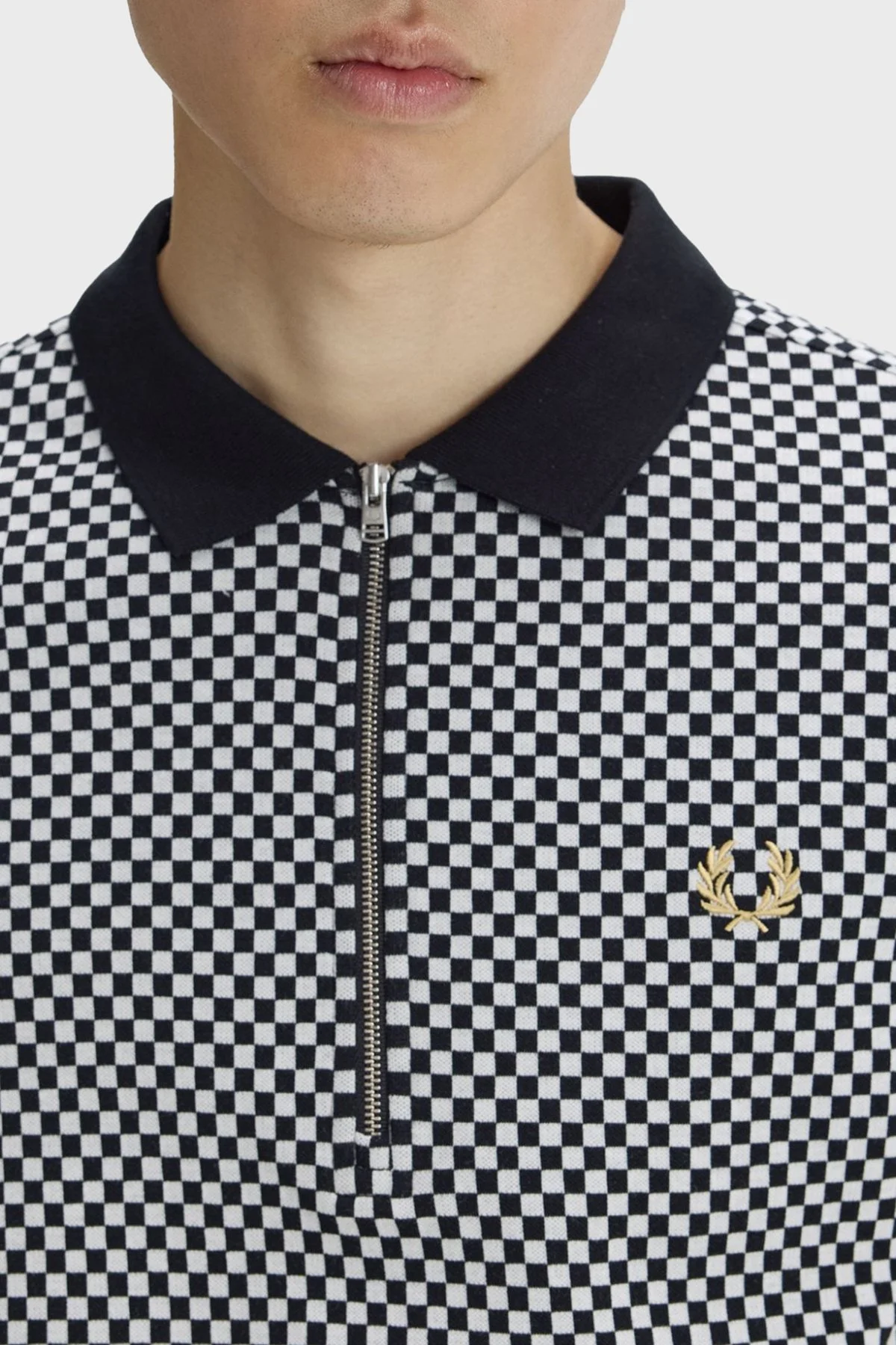 Fred Perry Dama Desenli % 100 Pamuk Regular Fit Yarım Fermuarlı Erkek Polo M2399 102 SİYAH-BEYAZ - 5