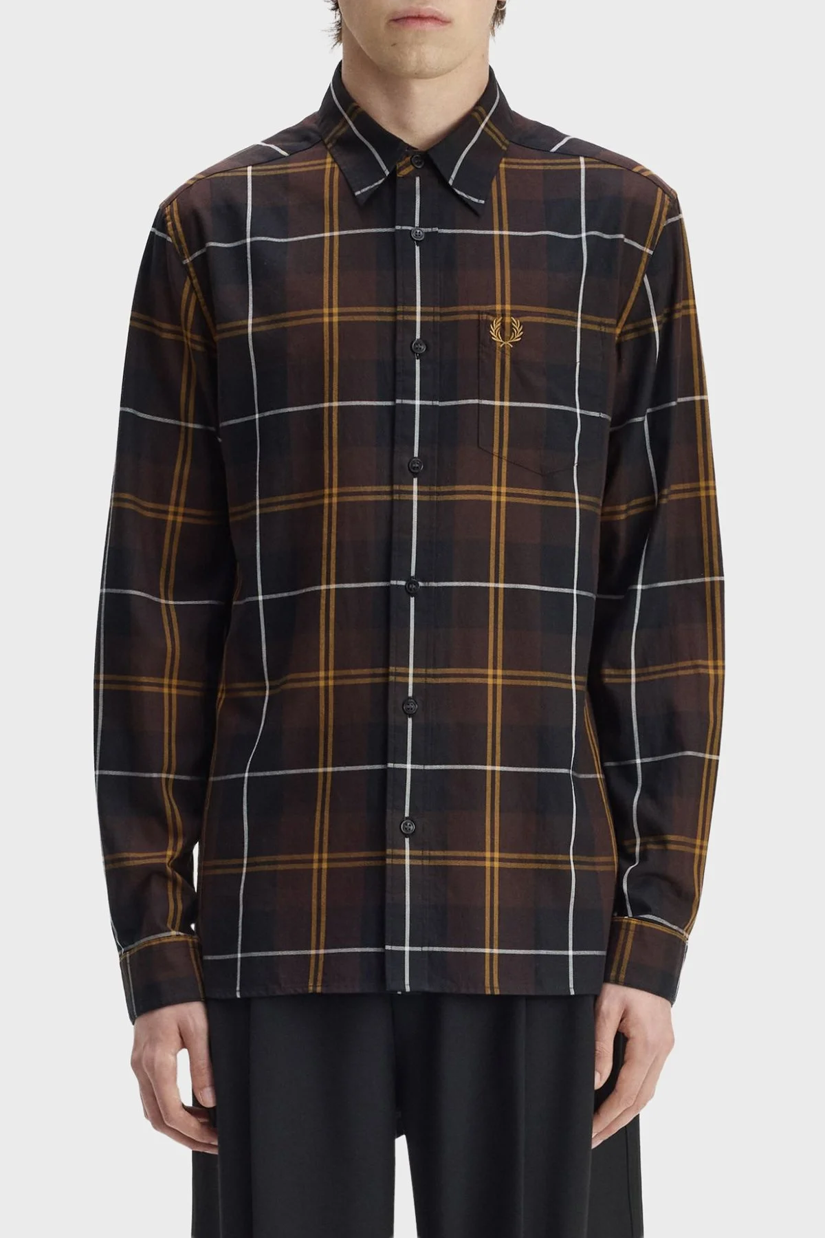 Fred Perry Ekoseli % 100 Pamuk Düğmeli Yaka Erkek Gömlek M3457 33C Kahve - 1