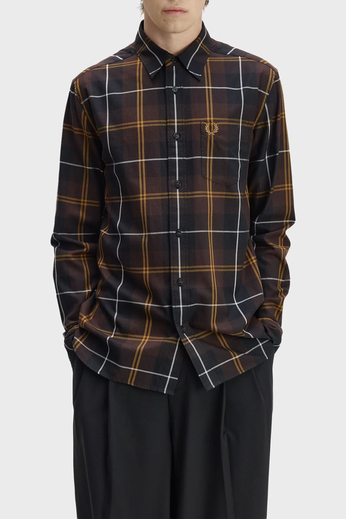 Fred Perry Ekoseli % 100 Pamuk Düğmeli Yaka Erkek Gömlek M3457 33C Kahve - 3