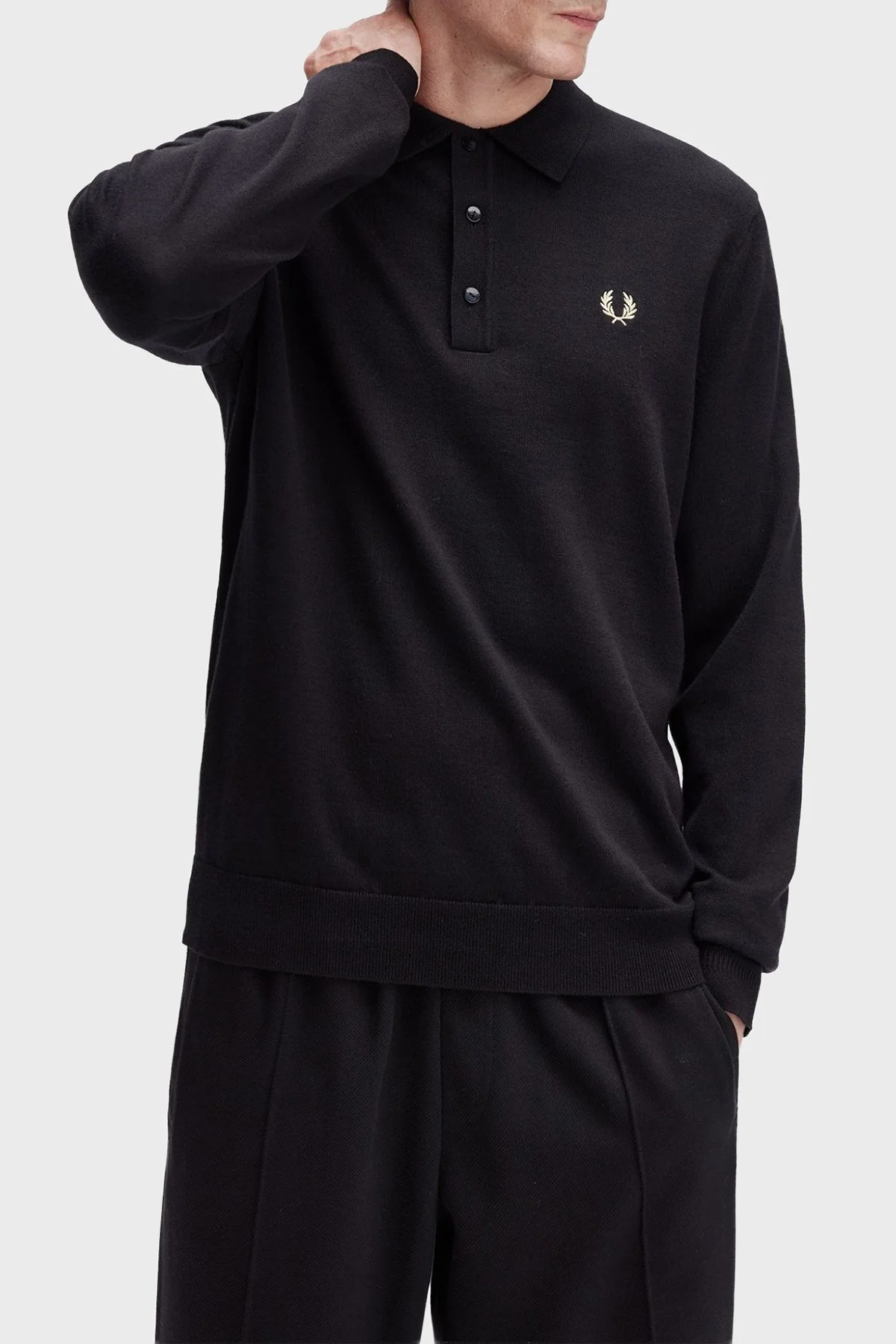 Fred Perry Logolu Yün Karışımlı Regular Fit Düğmeli Erkek Polo Yaka Kazak K4535 220 SİYAH - 4