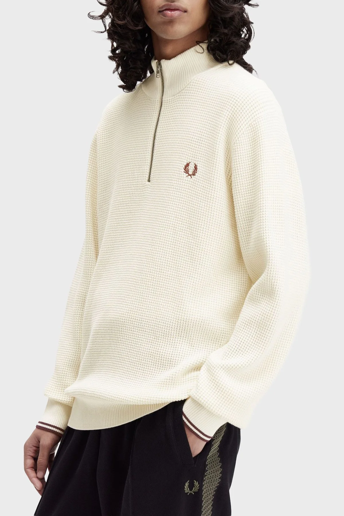 Fred Perry Pamuklu Regular Fit Yarım Fermuarlı Dik Yaka Yivli Erkek Sweat K8557 560 BEYAZ - 3