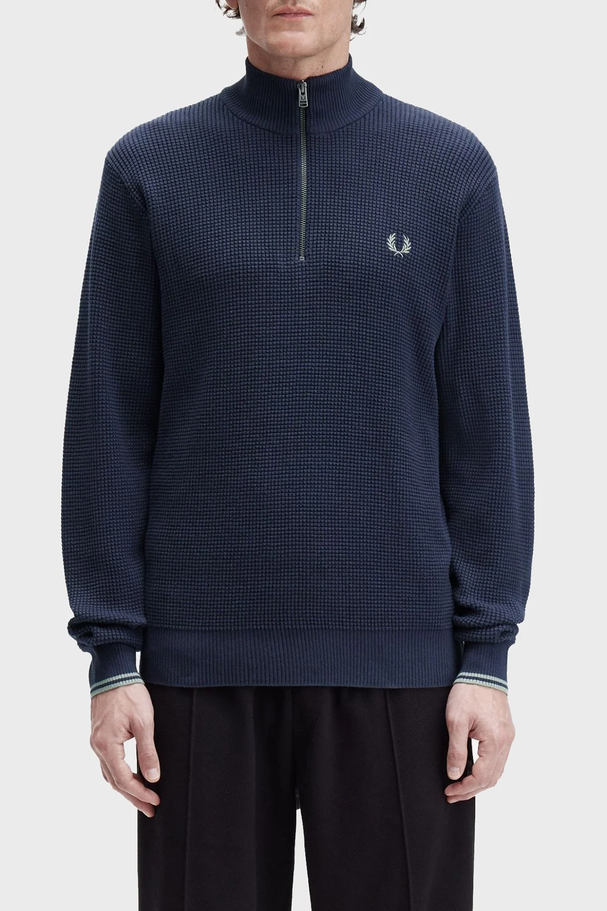 Fred Perry Pamuklu Regular Fit Yarım Fermuarlı Dik Yaka Yivli Erkek Sweat K8557 738 KOYU MAVİ - 1