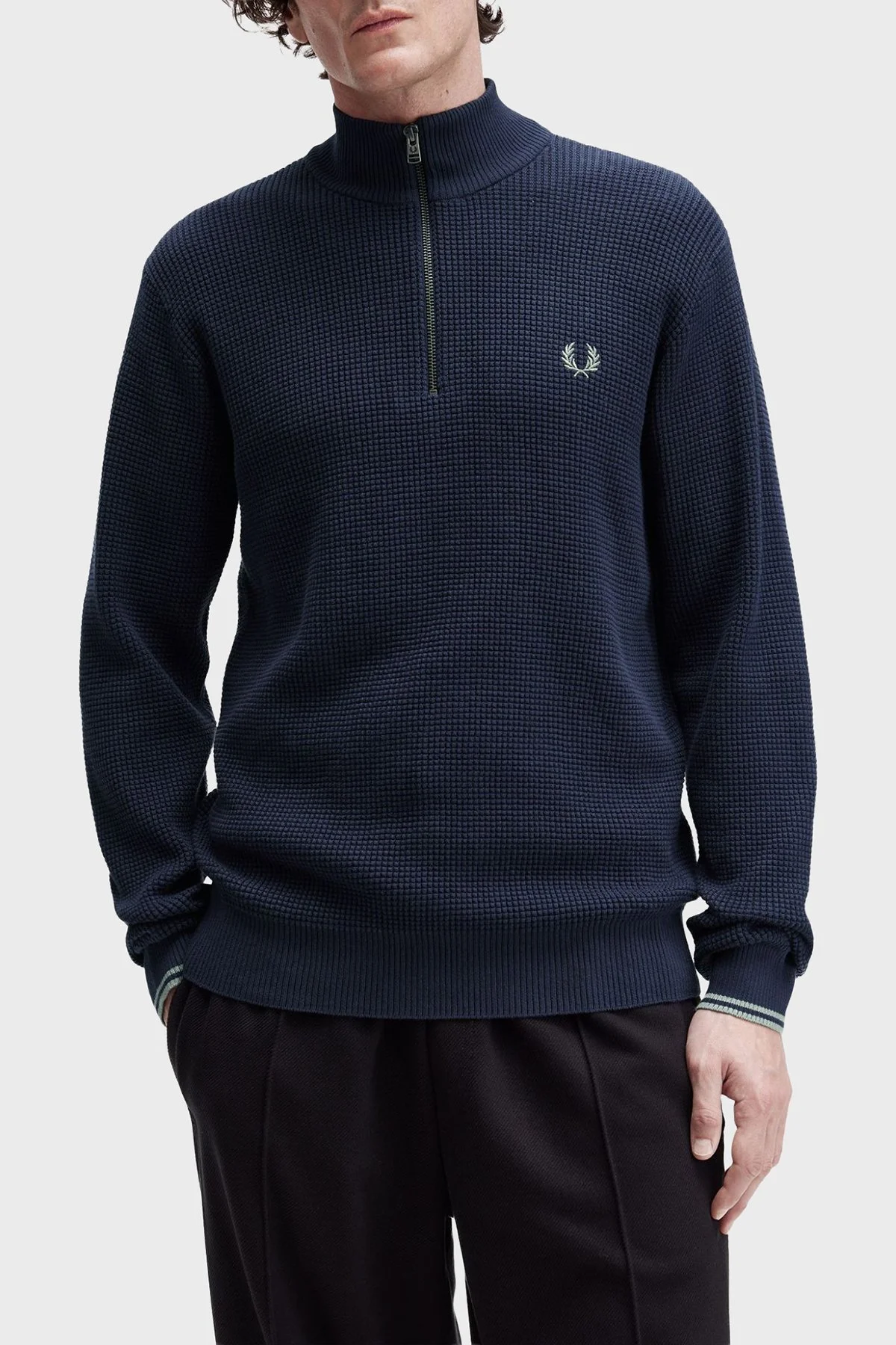 Fred Perry Pamuklu Regular Fit Yarım Fermuarlı Dik Yaka Yivli Erkek Sweat K8557 738 KOYU MAVİ - 3