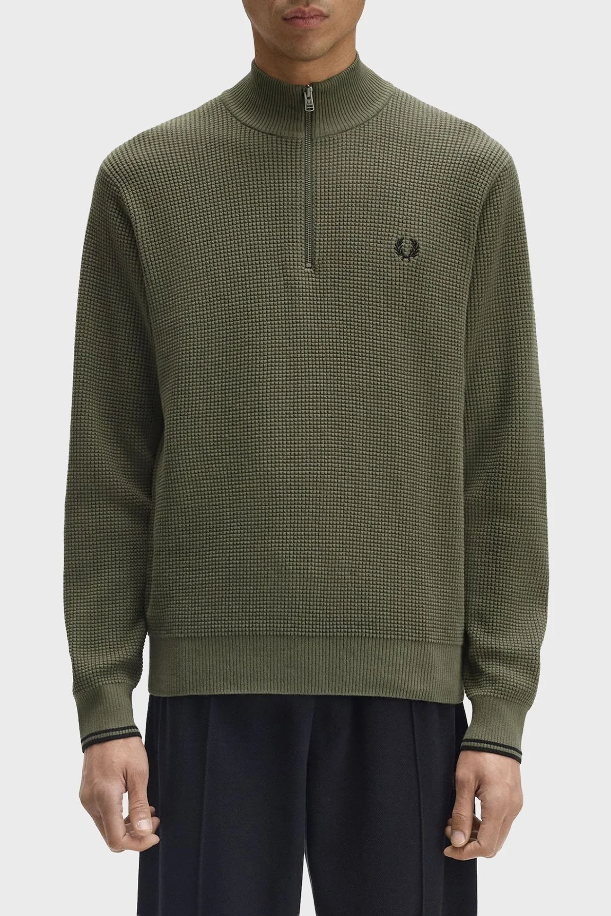 Fred Perry Pamuklu Regular Fit Yarım Fermuarlı Dik Yaka Yivli Erkek Sweat K8557 X21 HAKİ - 1