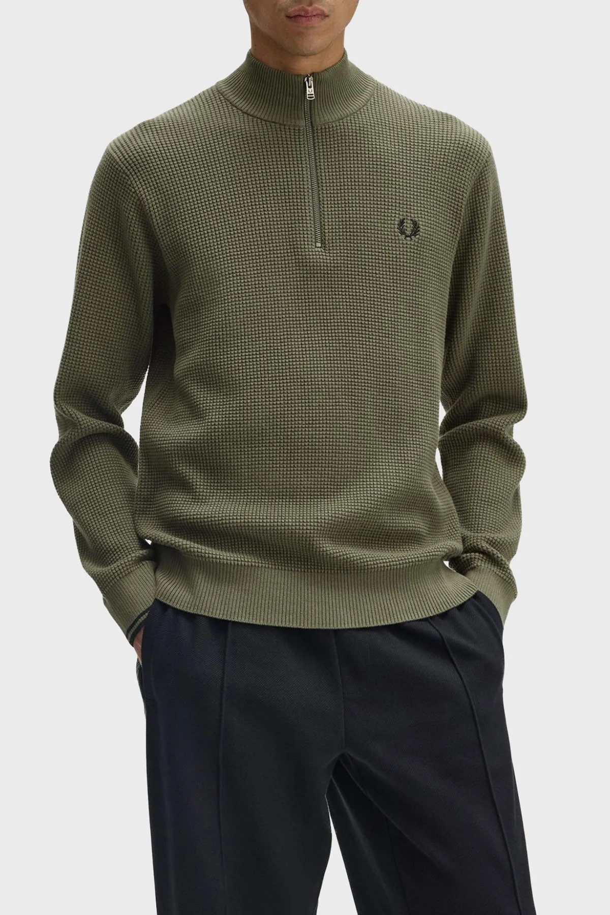 Fred Perry Pamuklu Regular Fit Yarım Fermuarlı Dik Yaka Yivli Erkek Sweat K8557 X21 HAKİ - 3