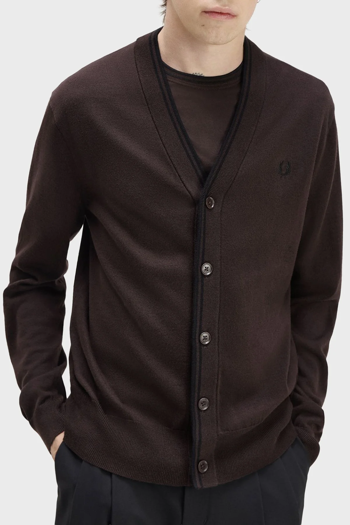 Fred Perry Yün ve Pamuklu Regular Fit Düğmeli Erkek Hırka K3300 33C Kahve - 1
