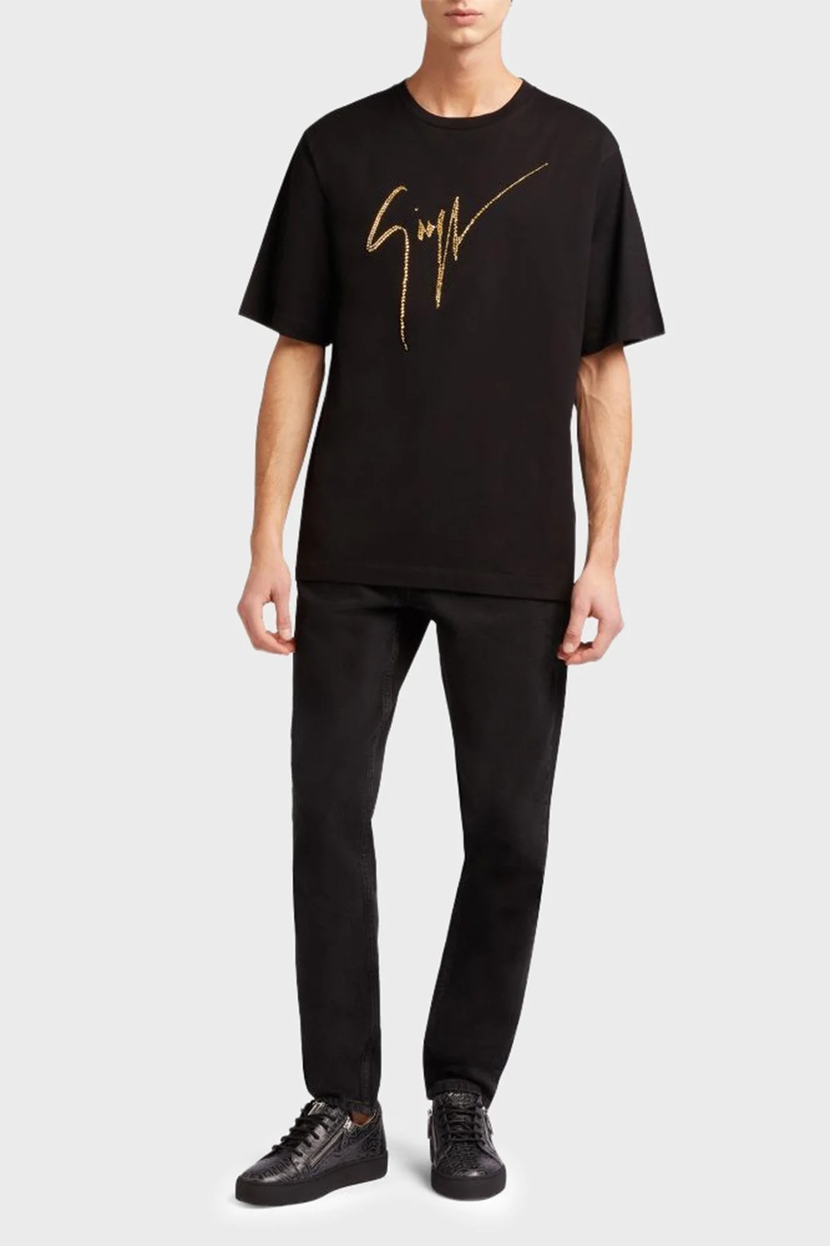 Giuseppe Zanotti Taş Logolu Pamuklu Regular Fit Erkek T Shirt IRU2003-001 SİYAH - 7