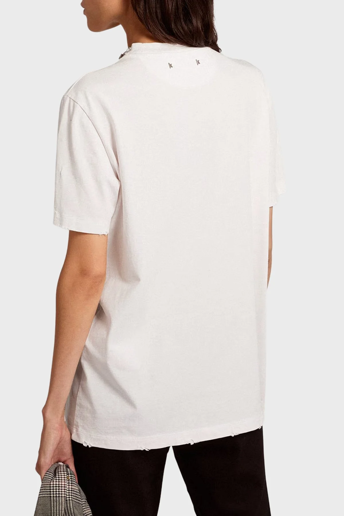 Golden Goose Pamuklu Regular Fit Parlak Taşlı Sıfır Yaka Bayan T Shirt GWP01220.P000673.10363 BEYAZ - 6