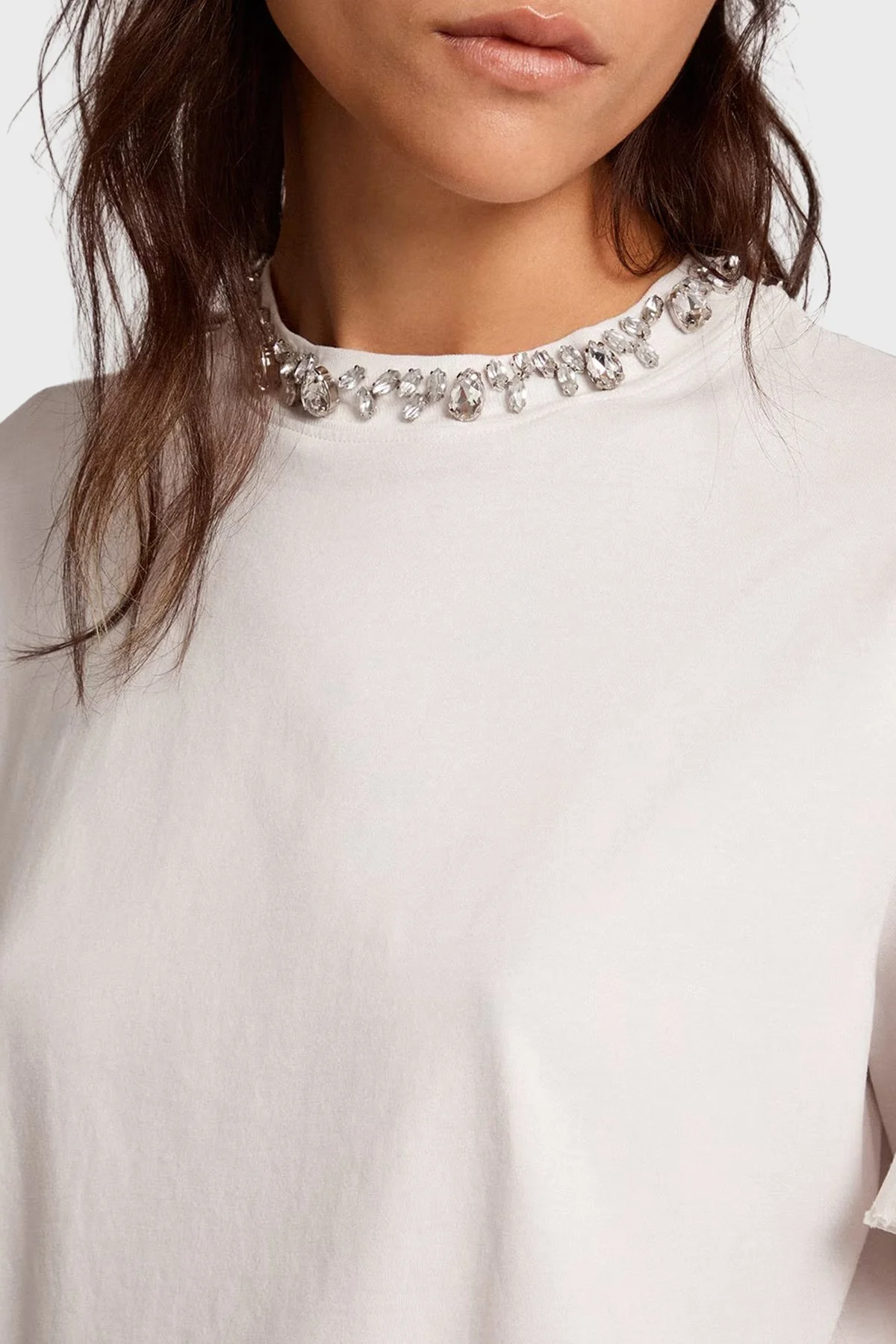 Golden Goose Pamuklu Regular Fit Parlak Taşlı Sıfır Yaka Bayan T Shirt GWP01220.P000673.10363 BEYAZ - 7