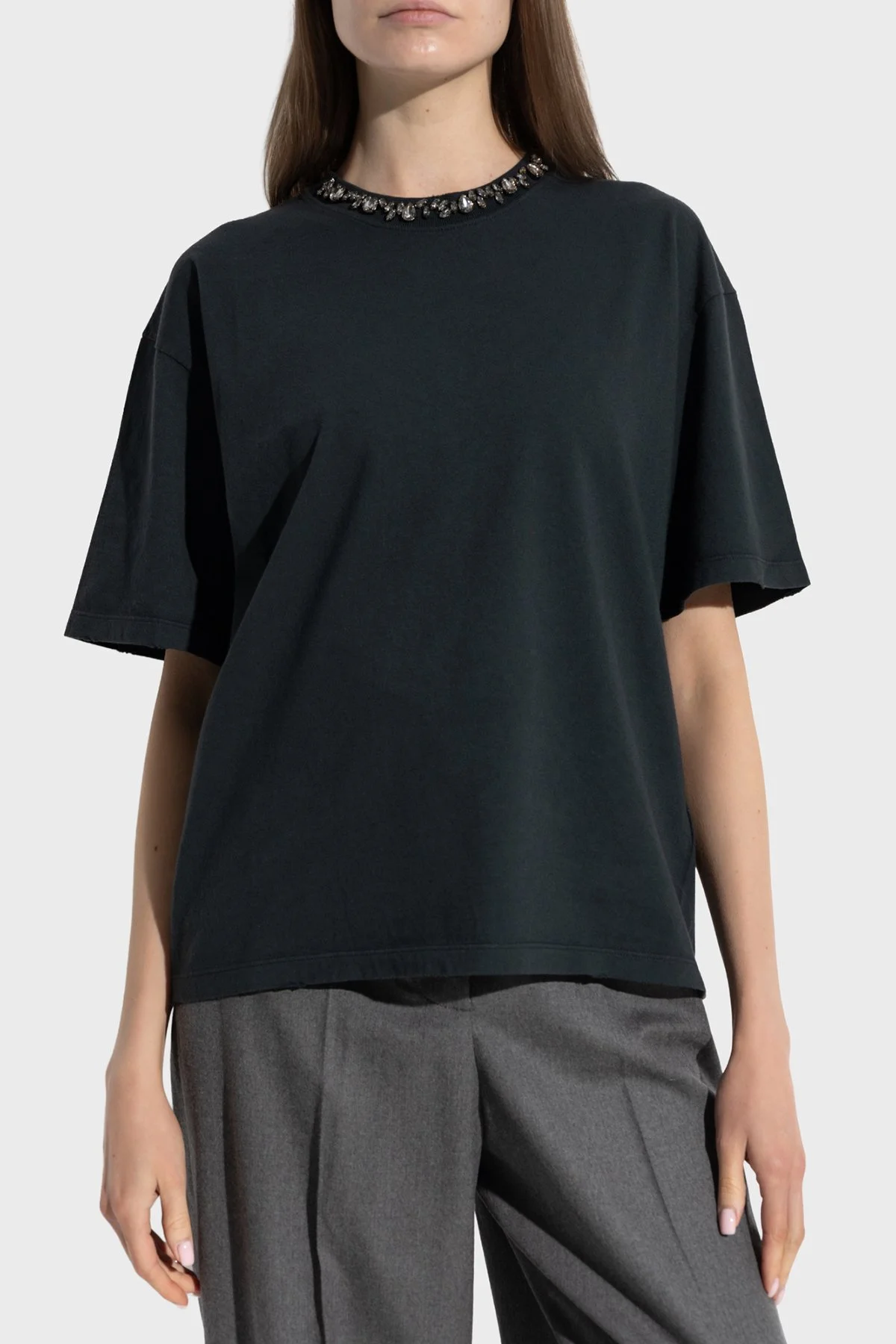 Golden Goose Taş Detaylı Pamuklu Boxy Fit Bisiklet Yaka Kadın T Shirt GWP01874.P001897.90456 Siyah - 1