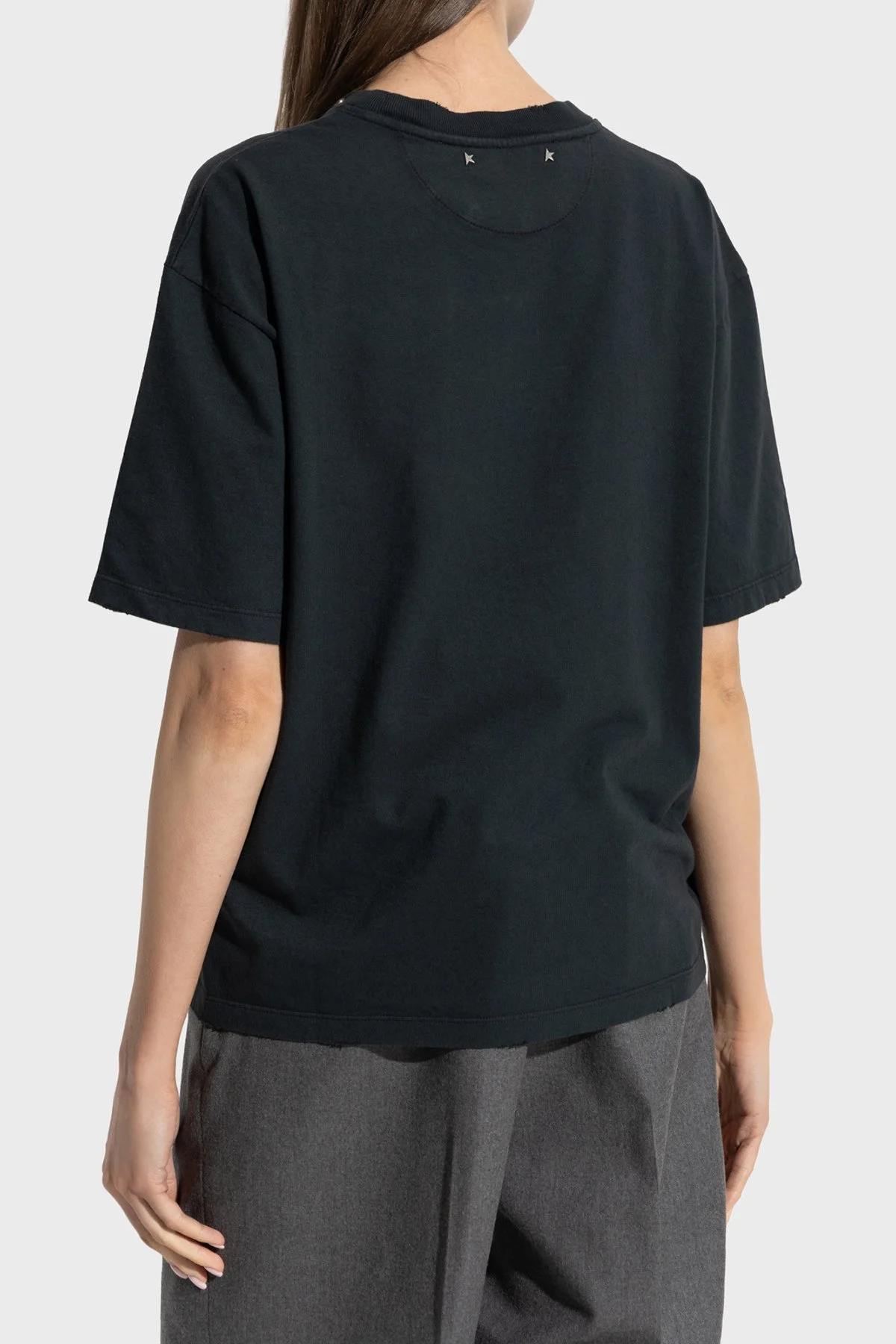 Golden Goose Taş Detaylı Pamuklu Boxy Fit Bisiklet Yaka Kadın T Shirt GWP01874.P001897.90456 Siyah - 3
