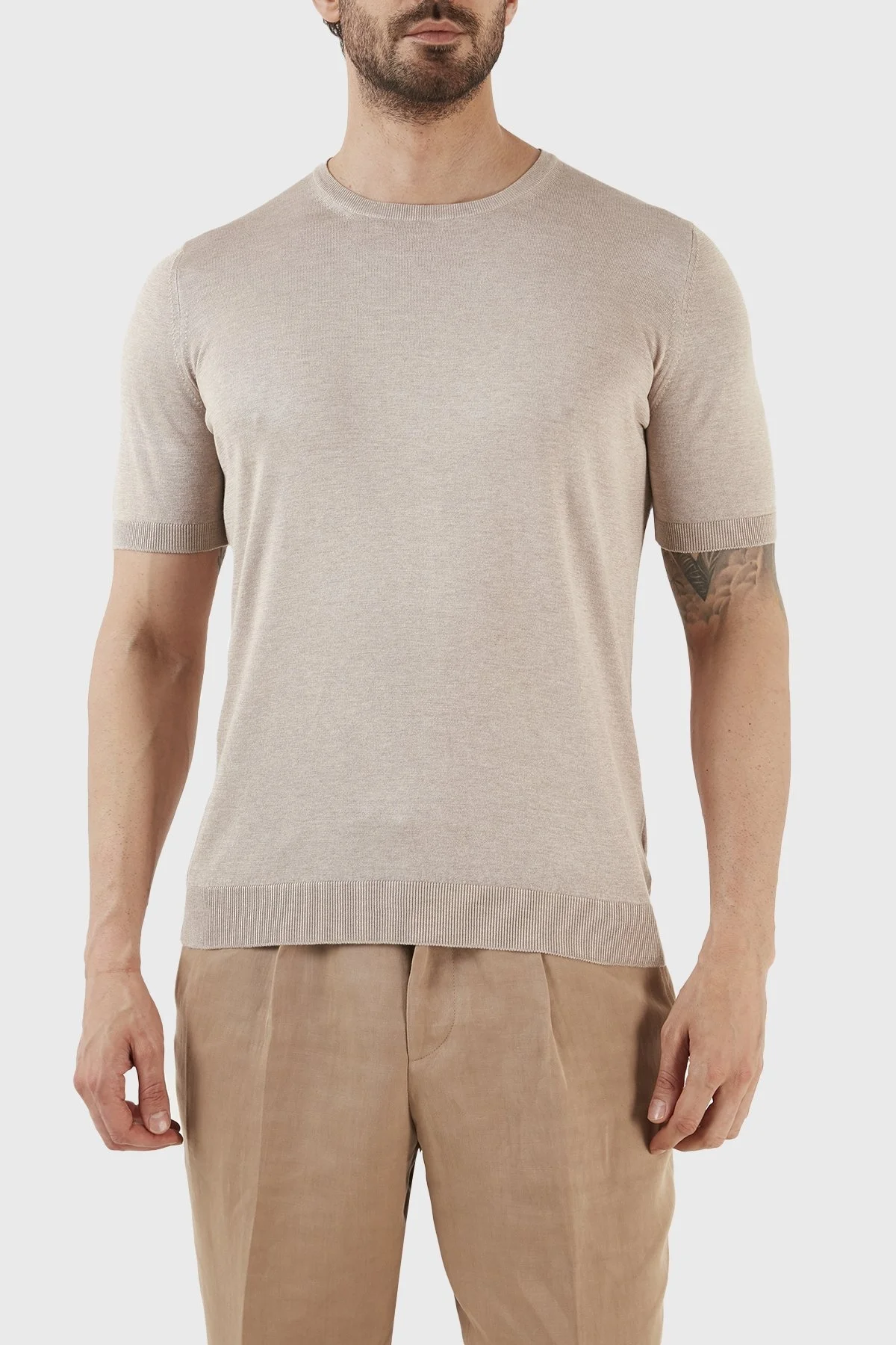 Gran Sasso % 100 İpek Slim Fit Bisiklet Yaka Triko Erkek T Shirt 43112 23503 030 BEJ - 1