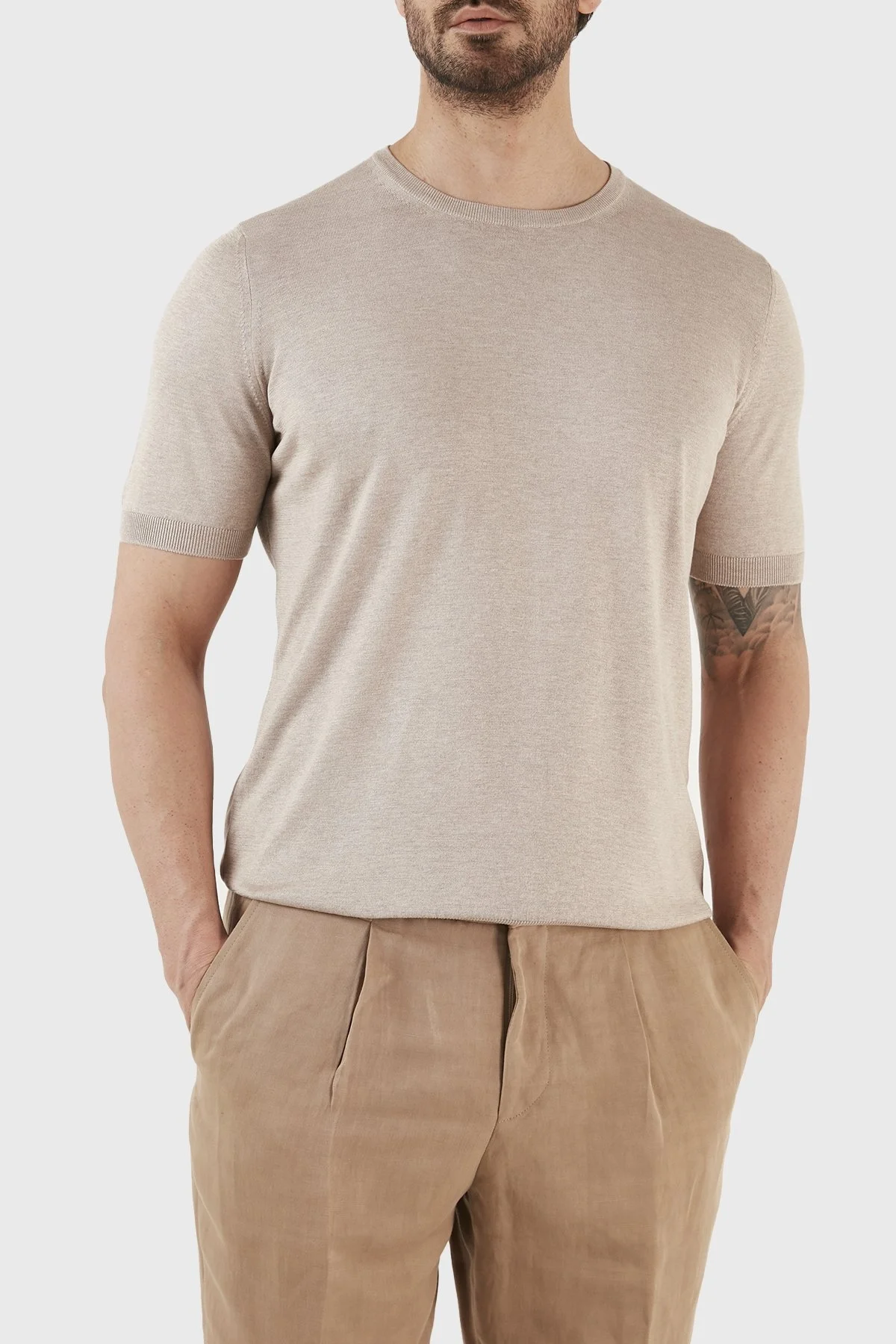 Gran Sasso % 100 İpek Slim Fit Bisiklet Yaka Triko Erkek T Shirt 43112 23503 030 BEJ - 3