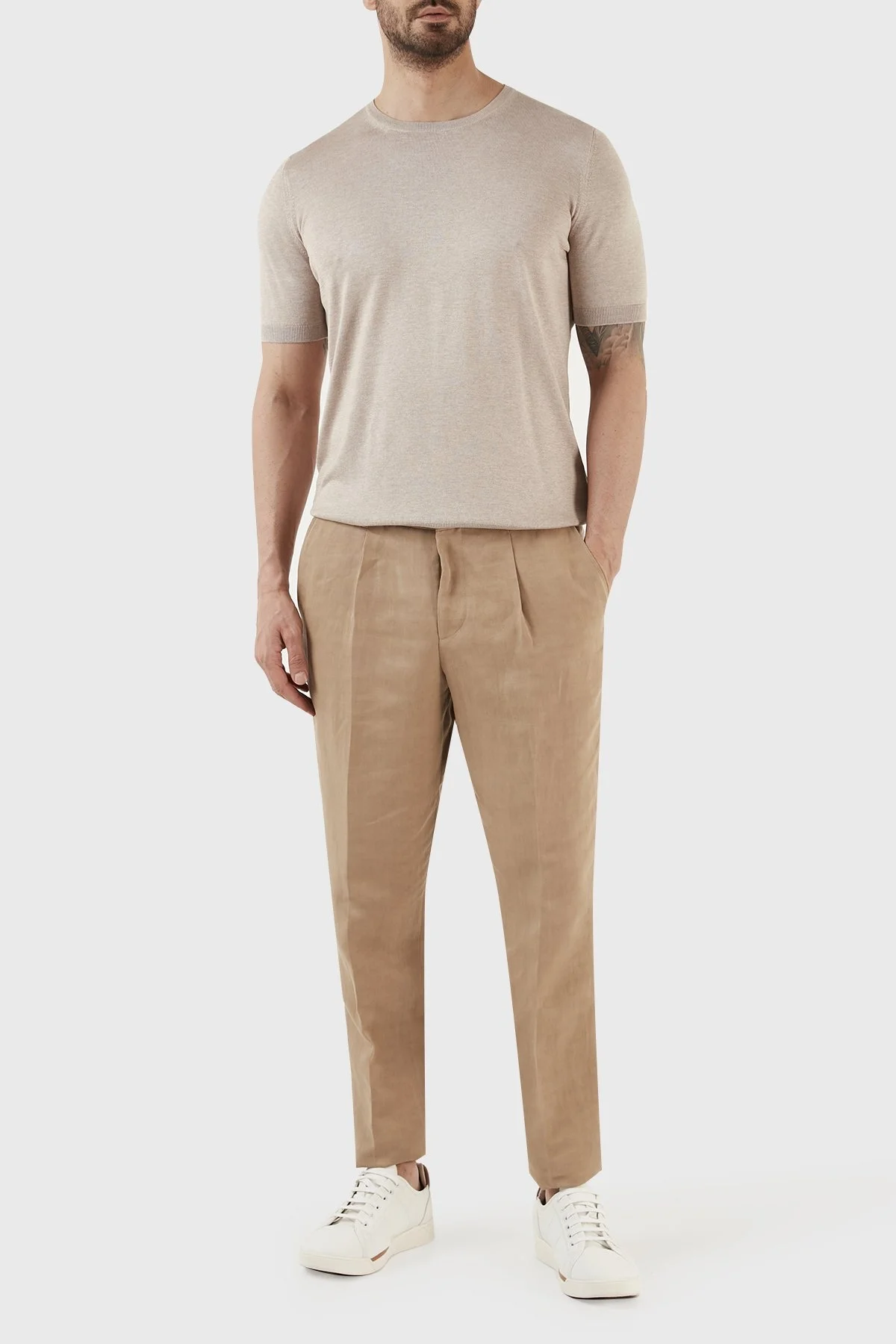 Gran Sasso % 100 İpek Slim Fit Bisiklet Yaka Triko Erkek T Shirt 43112 23503 030 BEJ - 4