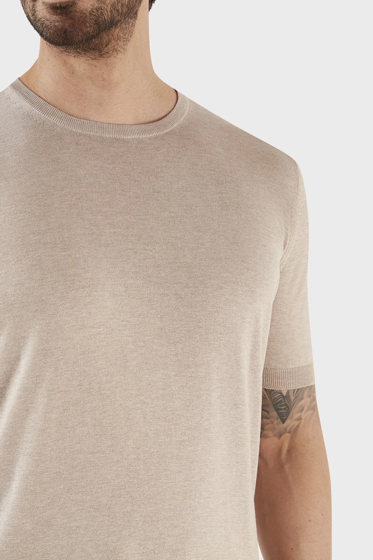 Gran Sasso % 100 İpek Slim Fit Bisiklet Yaka Triko Erkek T Shirt 43112 23503 030 BEJ - 5