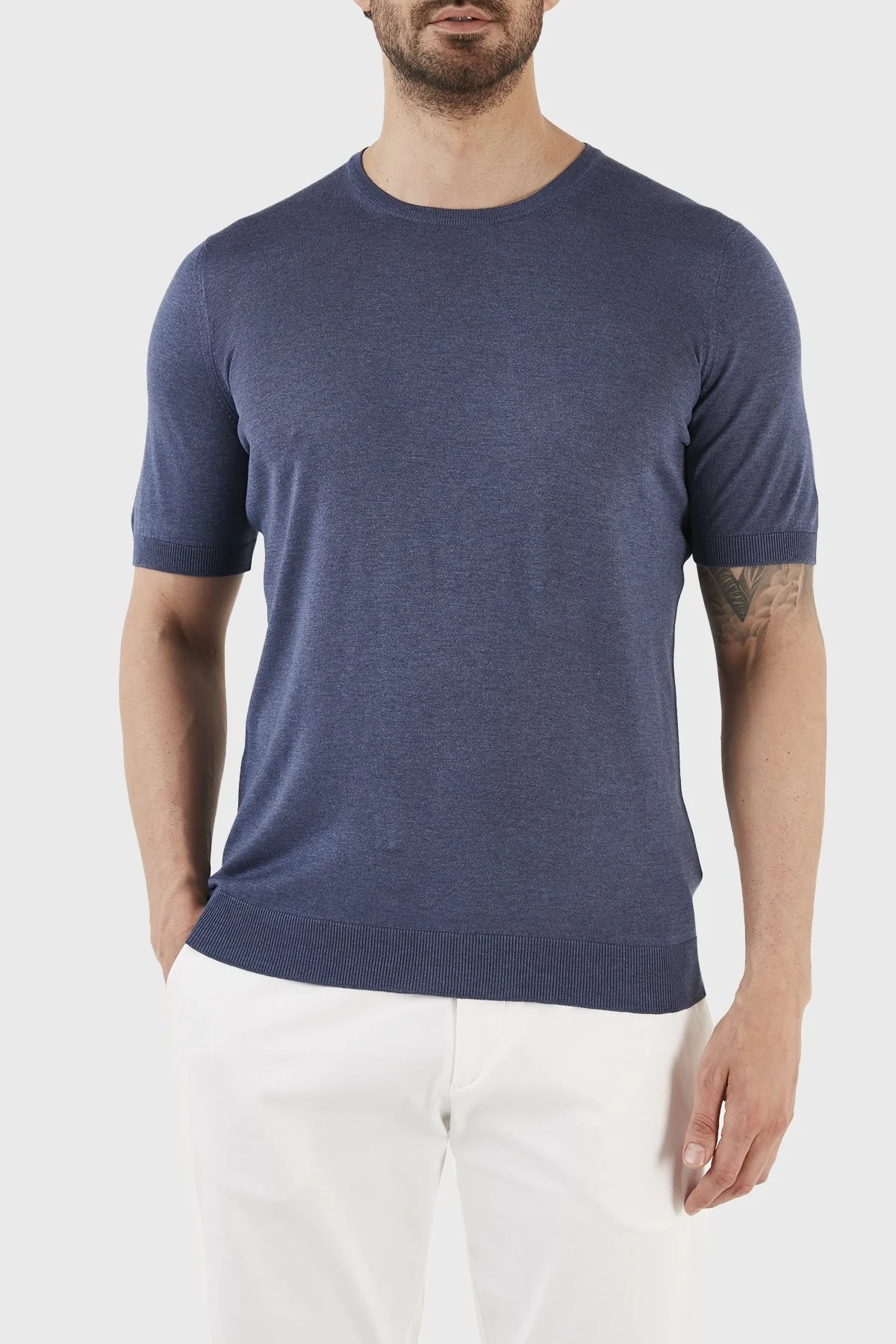 Gran Sasso % 100 İpek Slim Fit Bisiklet Yaka Triko Erkek T Shirt 43112 23503 570 LACİVERT - 1