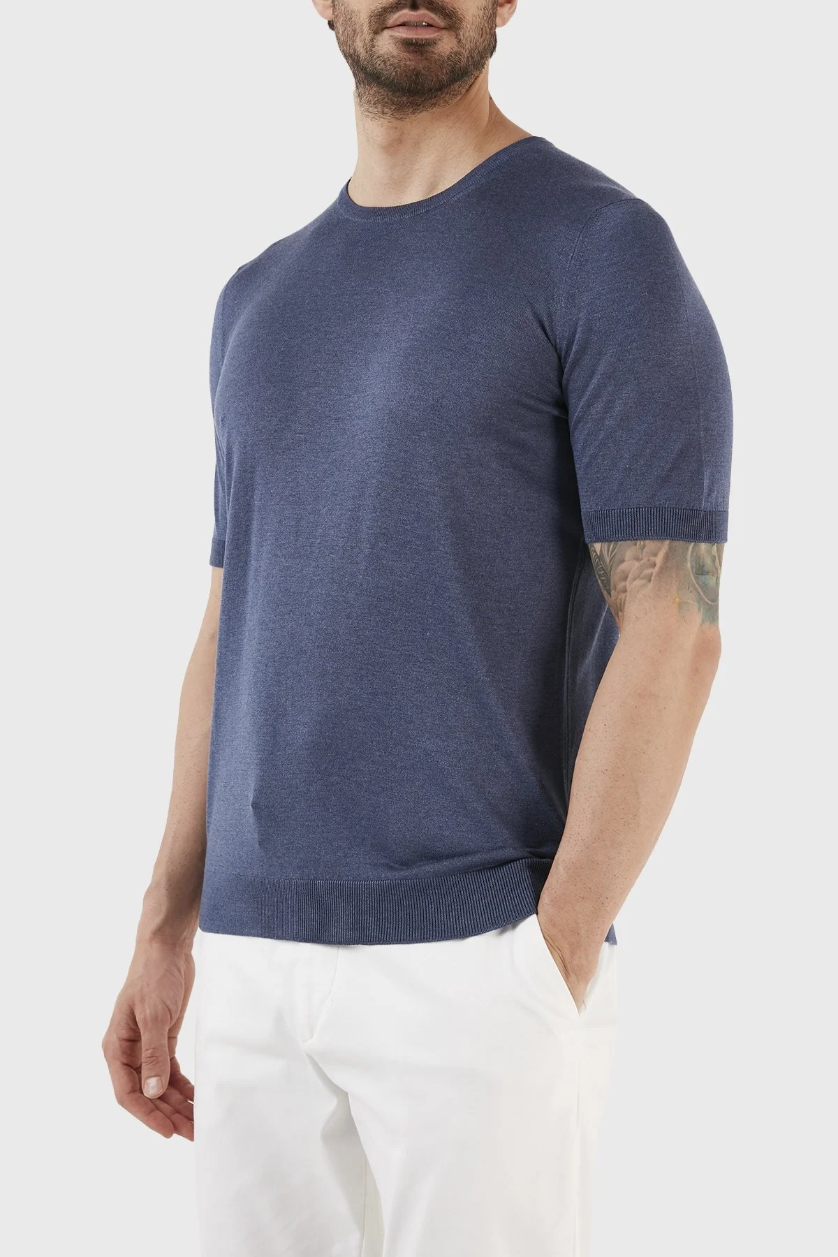 Gran Sasso % 100 İpek Slim Fit Bisiklet Yaka Triko Erkek T Shirt 43112 23503 570 LACİVERT - 2