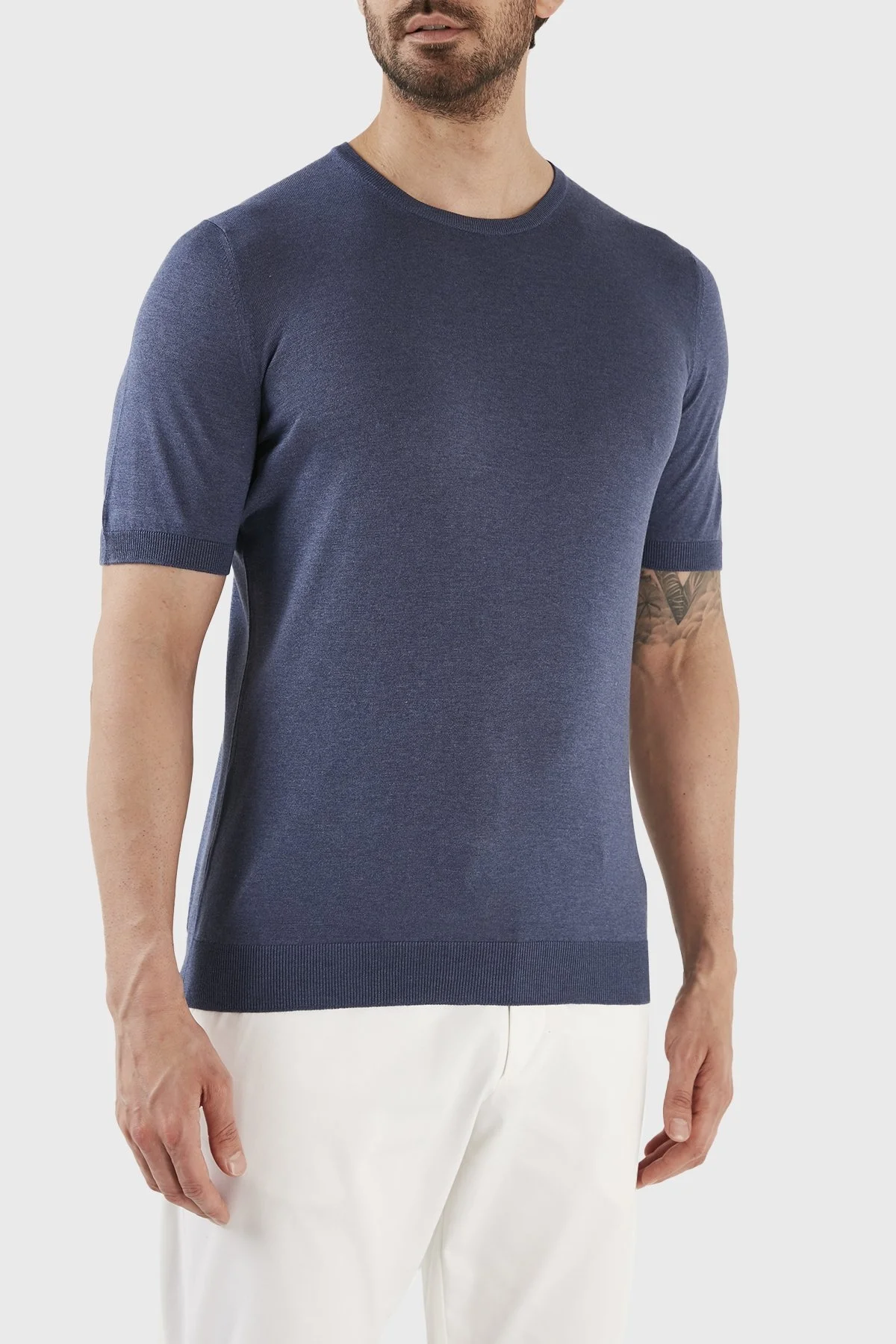 Gran Sasso % 100 İpek Slim Fit Bisiklet Yaka Triko Erkek T Shirt 43112 23503 570 LACİVERT - 3