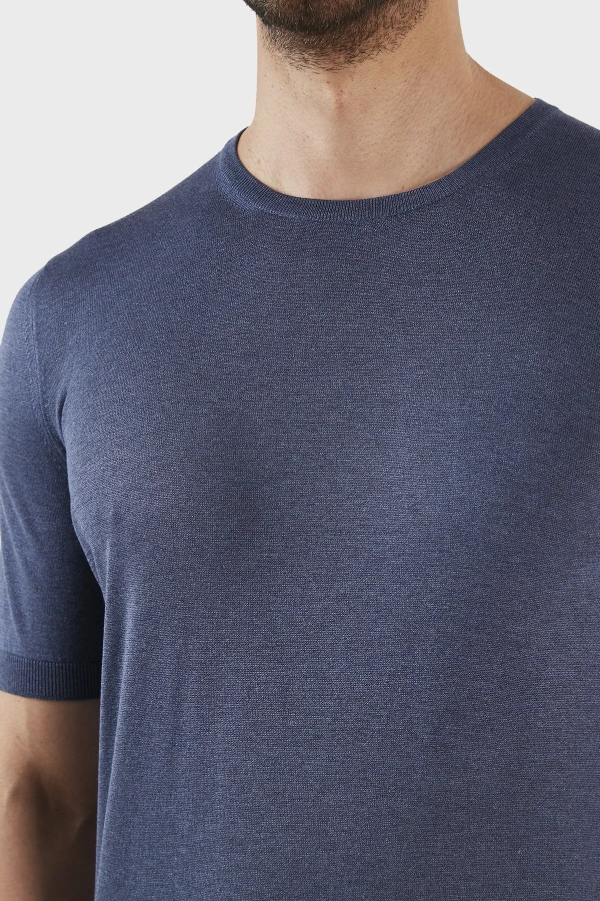 Gran Sasso % 100 İpek Slim Fit Bisiklet Yaka Triko Erkek T Shirt 43112 23503 570 LACİVERT - 4