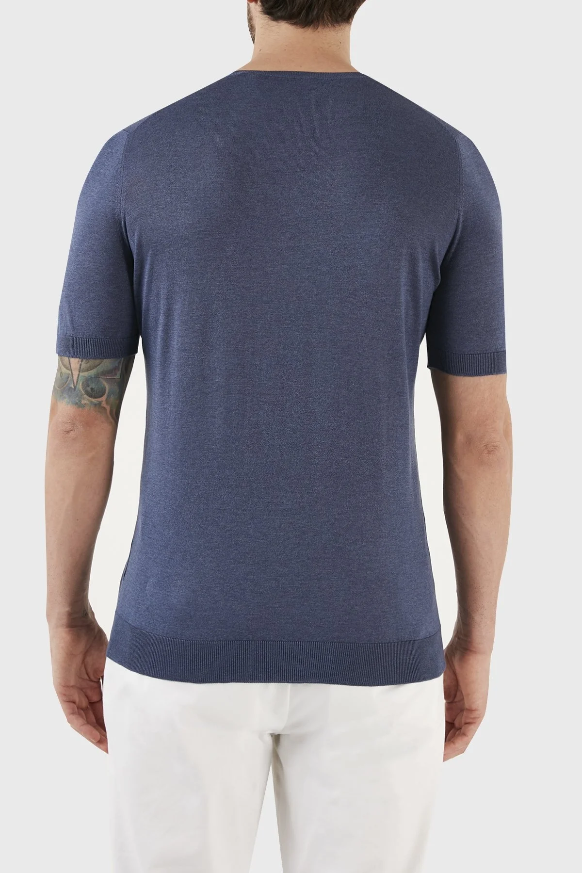 Gran Sasso % 100 İpek Slim Fit Bisiklet Yaka Triko Erkek T Shirt 43112 23503 570 LACİVERT - 5