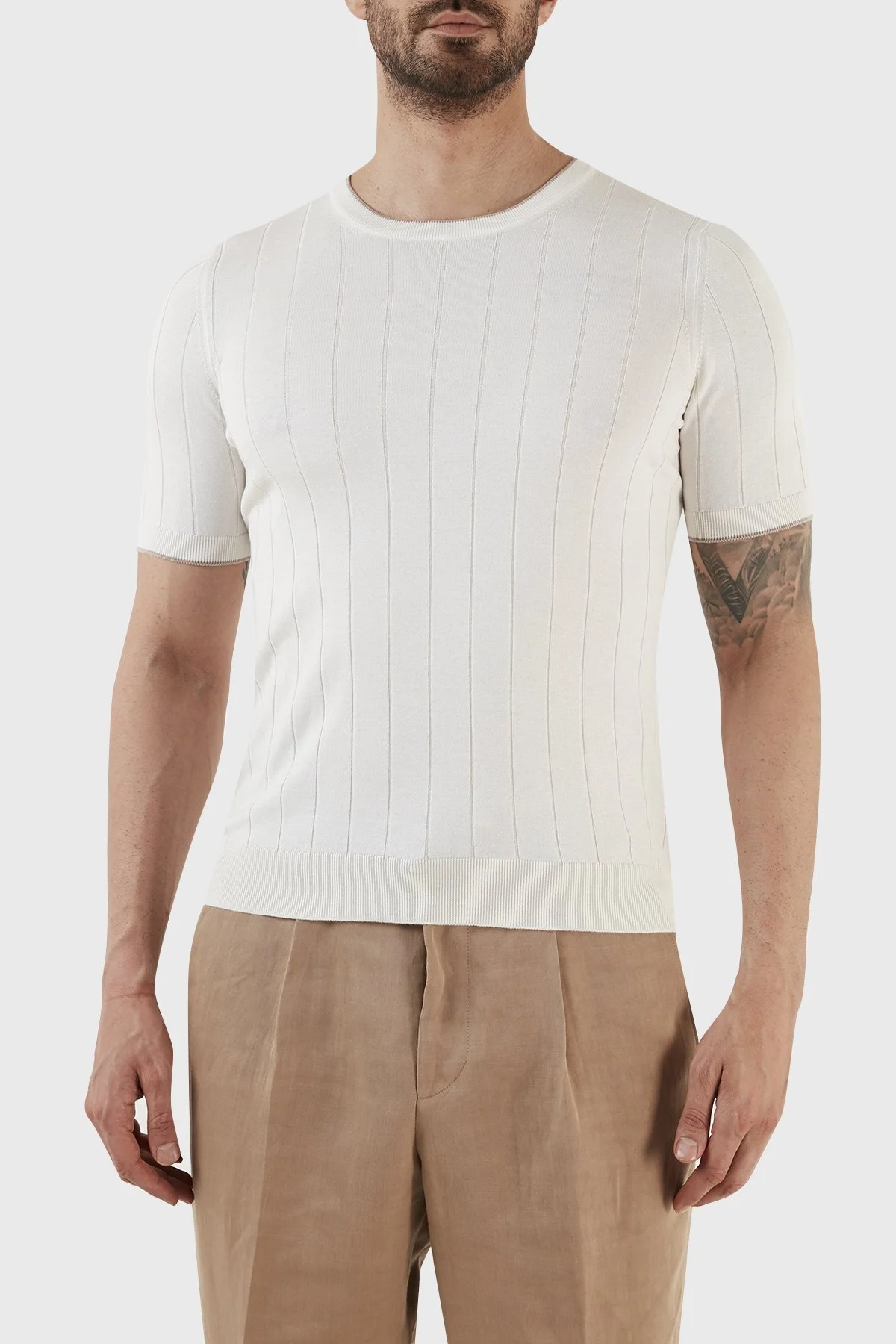 Gran Sasso % 100 İpek Slim Fit Bisiklet Yaka Triko Erkek T Shirt 43116 23510 005 BEYAZ - 1