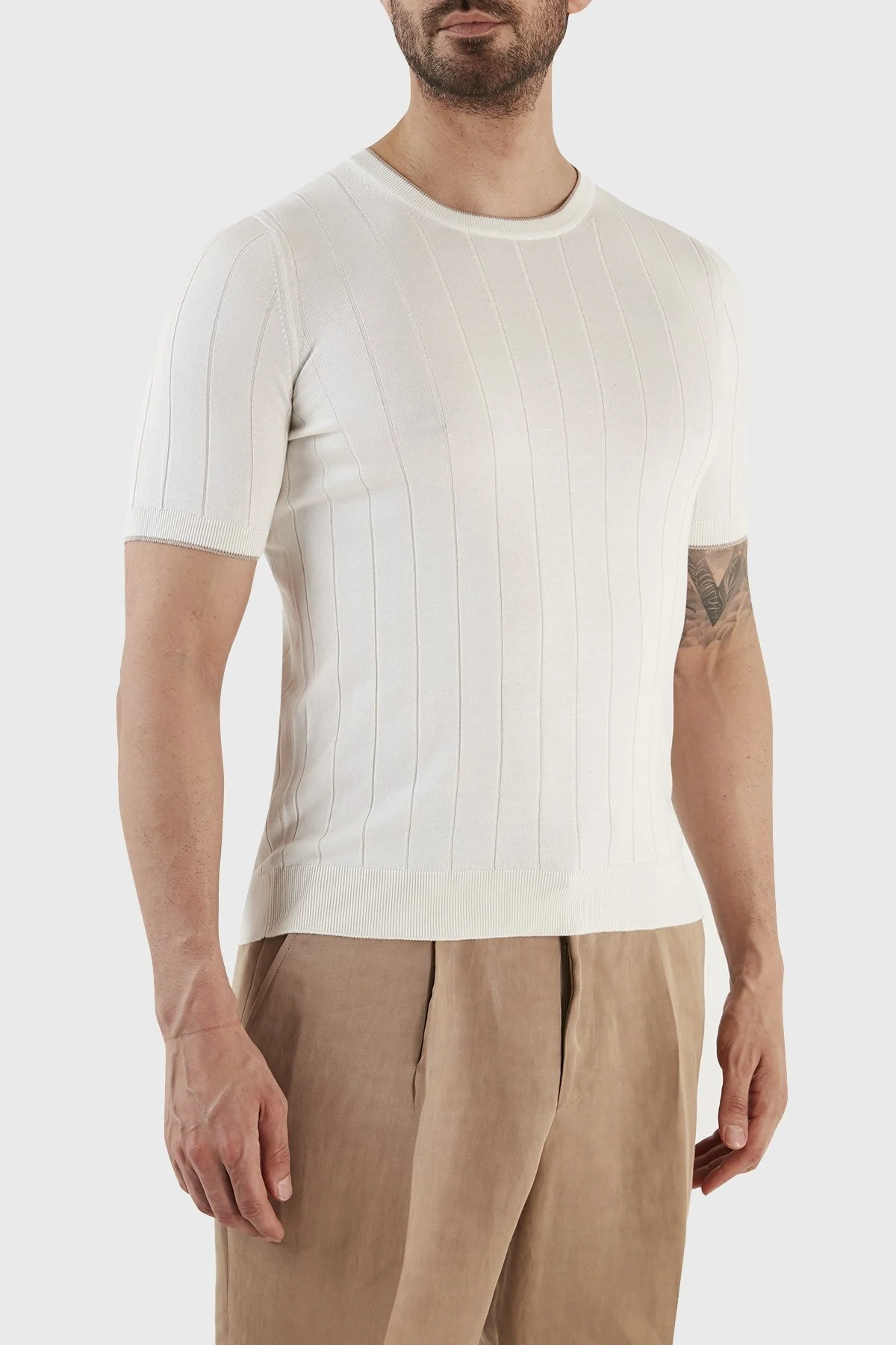 Gran Sasso % 100 İpek Slim Fit Bisiklet Yaka Triko Erkek T Shirt 43116 23510 005 BEYAZ - 2