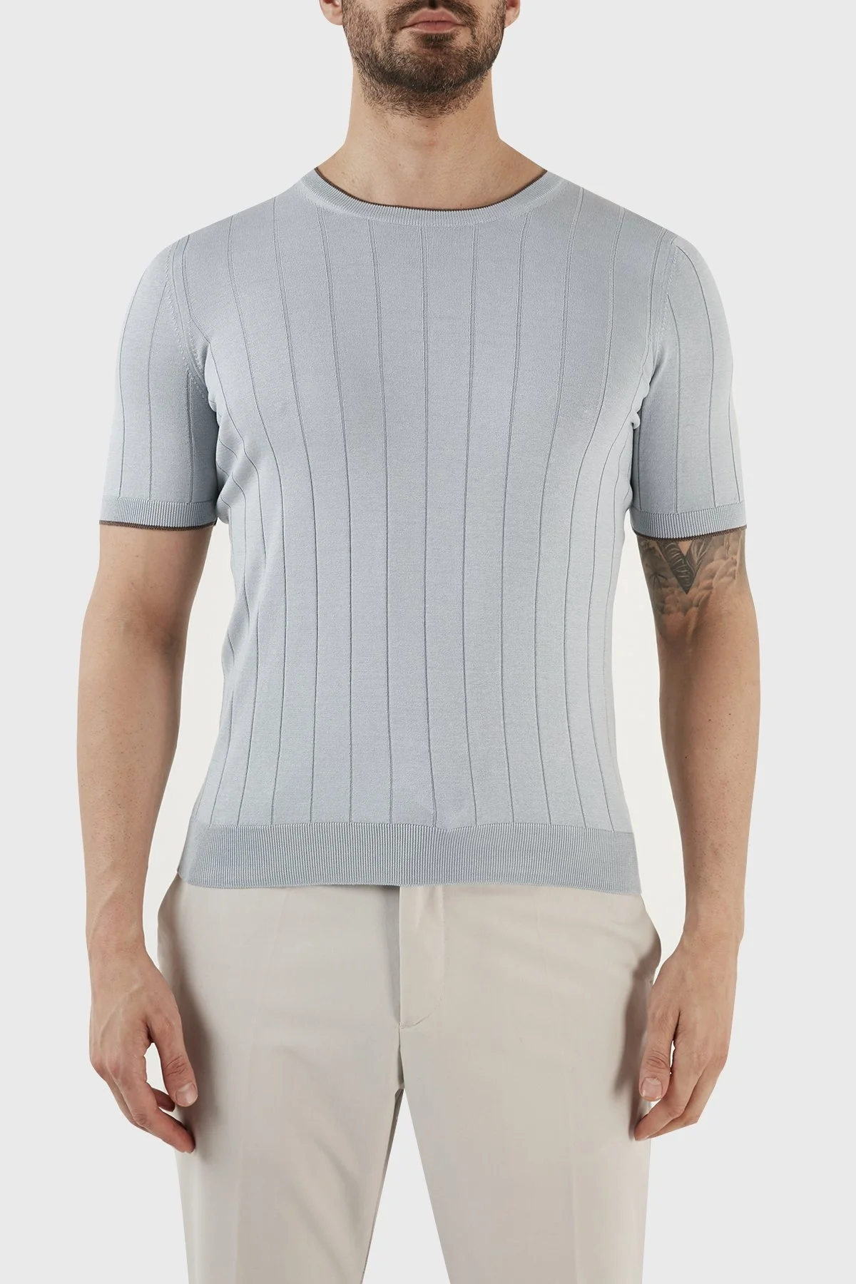 Gran Sasso % 100 İpek Slim Fit Bisiklet Yaka Triko Erkek T Shirt 43116 23510 508 MAVİ - 1
