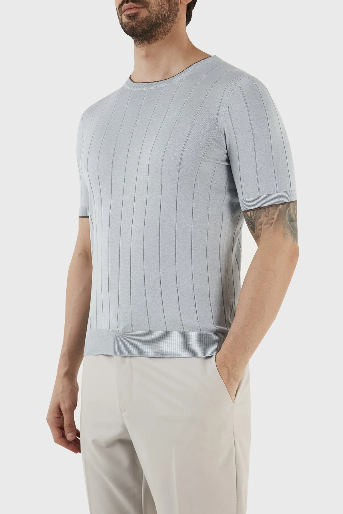 Gran Sasso % 100 İpek Slim Fit Bisiklet Yaka Triko Erkek T Shirt 43116 23510 508 MAVİ - 2