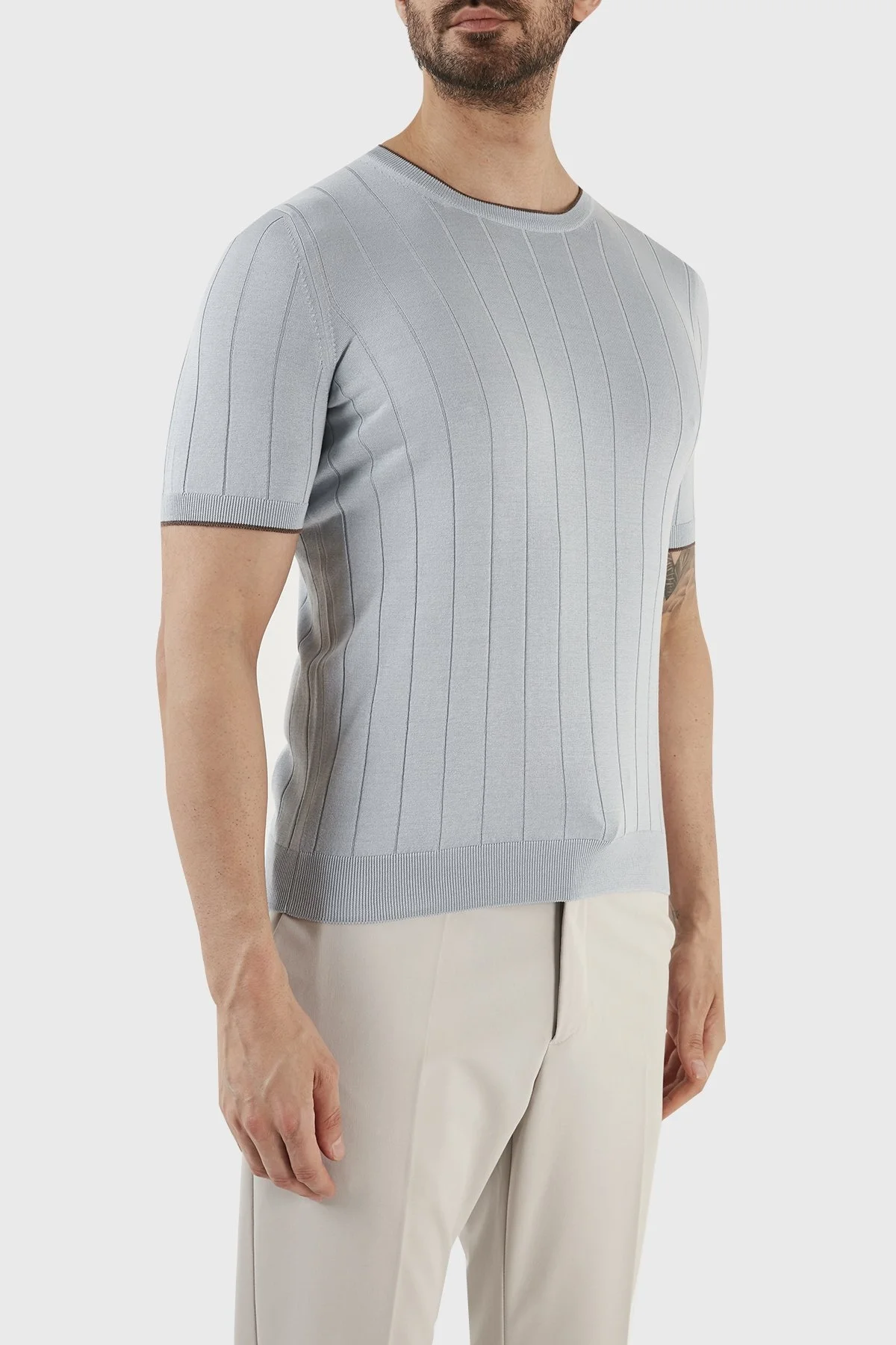 Gran Sasso % 100 İpek Slim Fit Bisiklet Yaka Triko Erkek T Shirt 43116 23510 508 MAVİ - 3