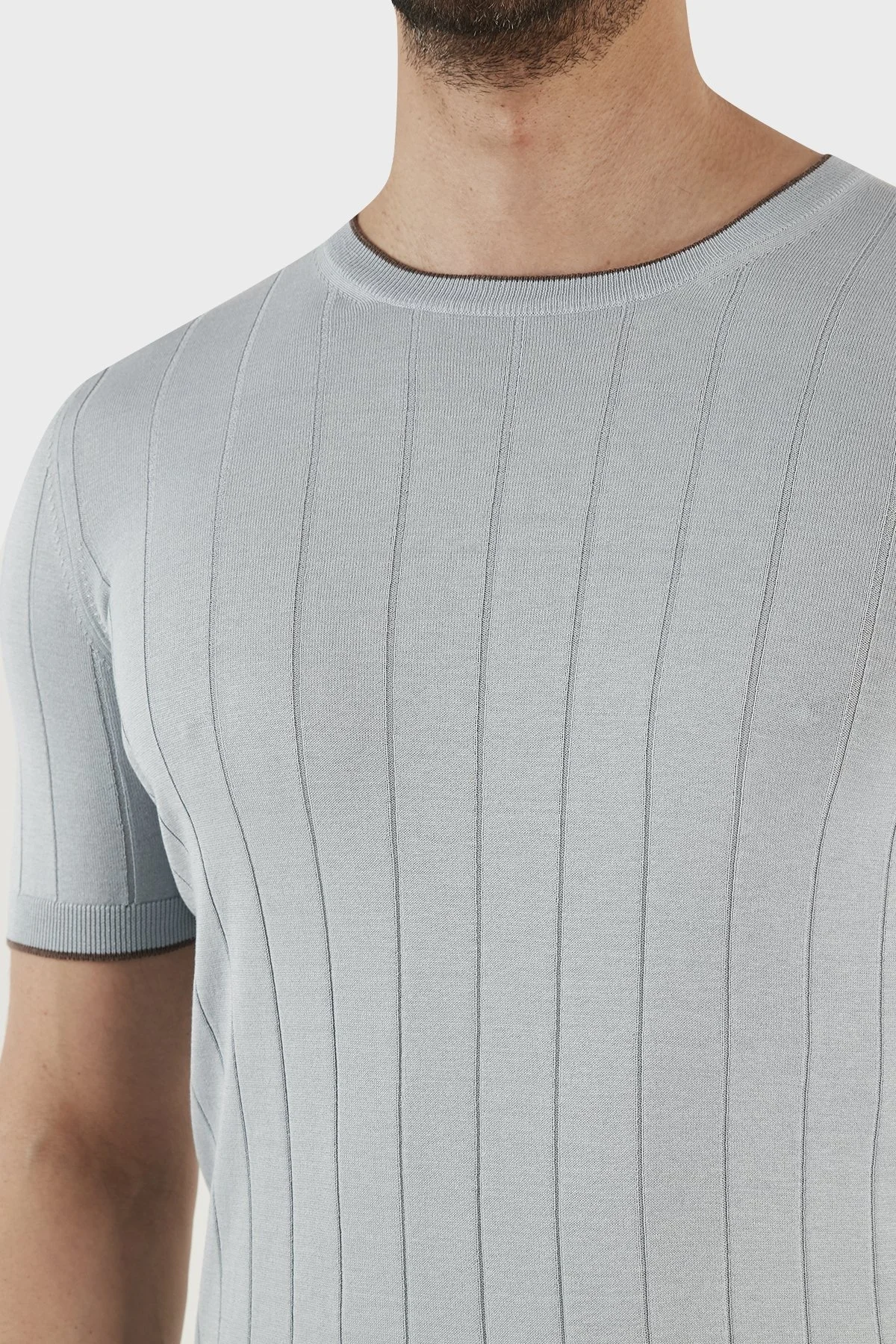 Gran Sasso % 100 İpek Slim Fit Bisiklet Yaka Triko Erkek T Shirt 43116 23510 508 MAVİ - 4