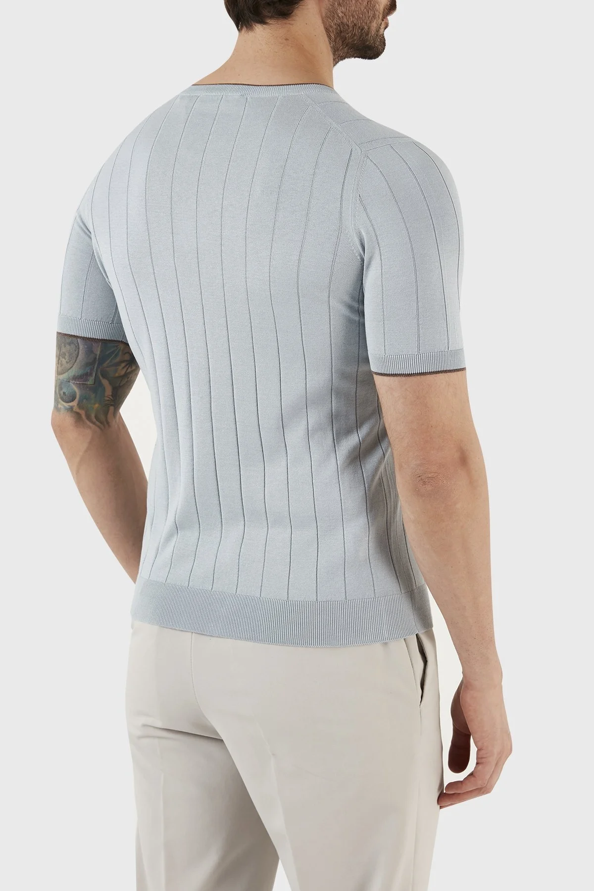 Gran Sasso % 100 İpek Slim Fit Bisiklet Yaka Triko Erkek T Shirt 43116 23510 508 MAVİ - 5