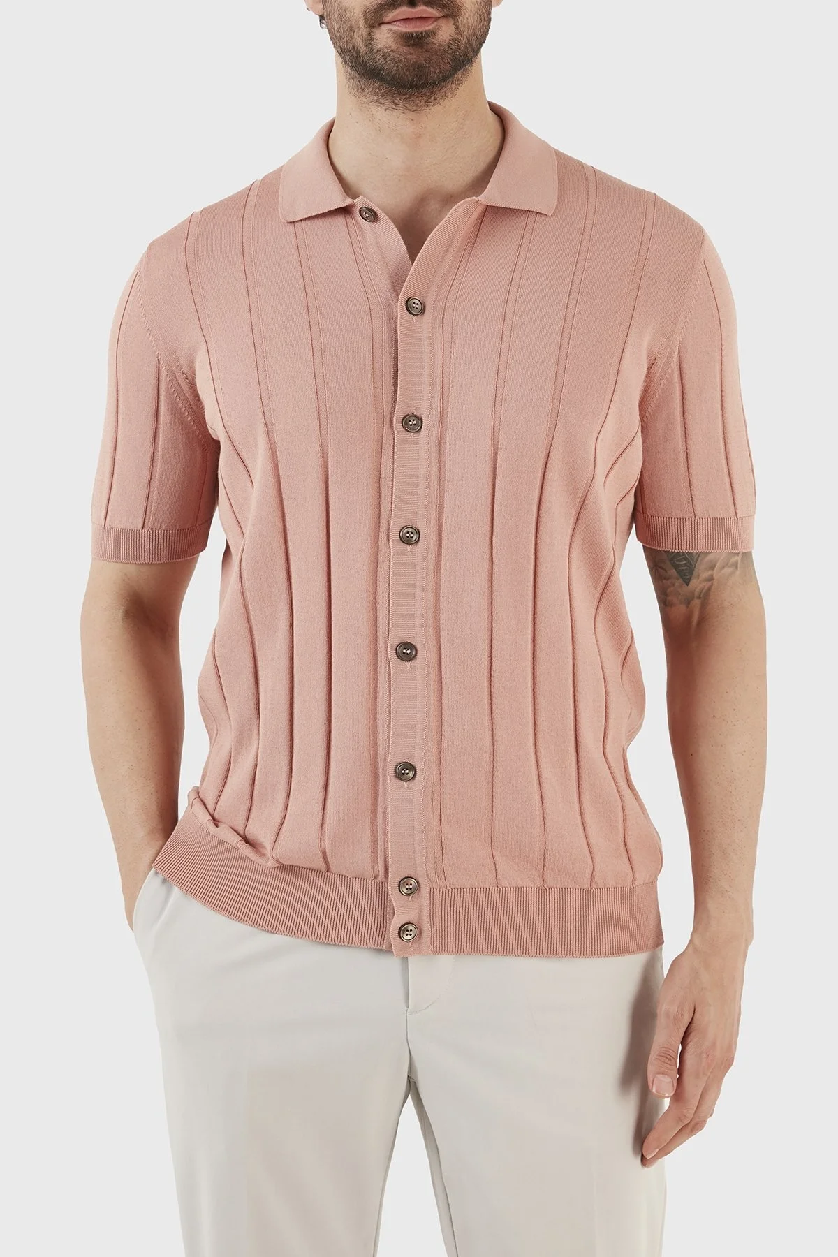 Gran Sasso % 100 Pamuk Regular Fit Düğmeli Triko Erkek Gömlek 57143 20634 329 PUDRA - 10