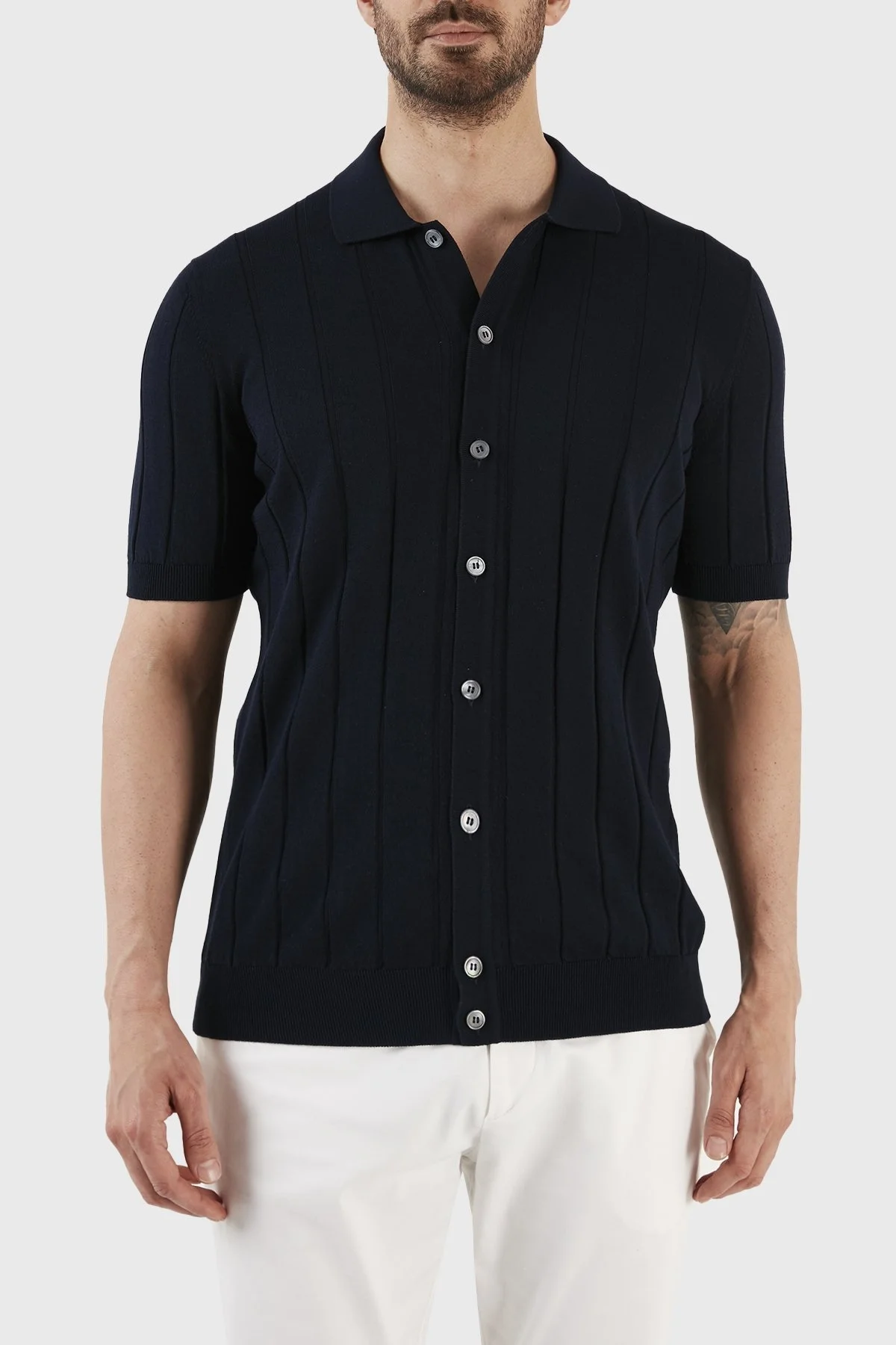Gran Sasso % 100 Pamuk Regular Fit Düğmeli Triko Erkek Gömlek 57143 20634 598 LACİVERT - 1